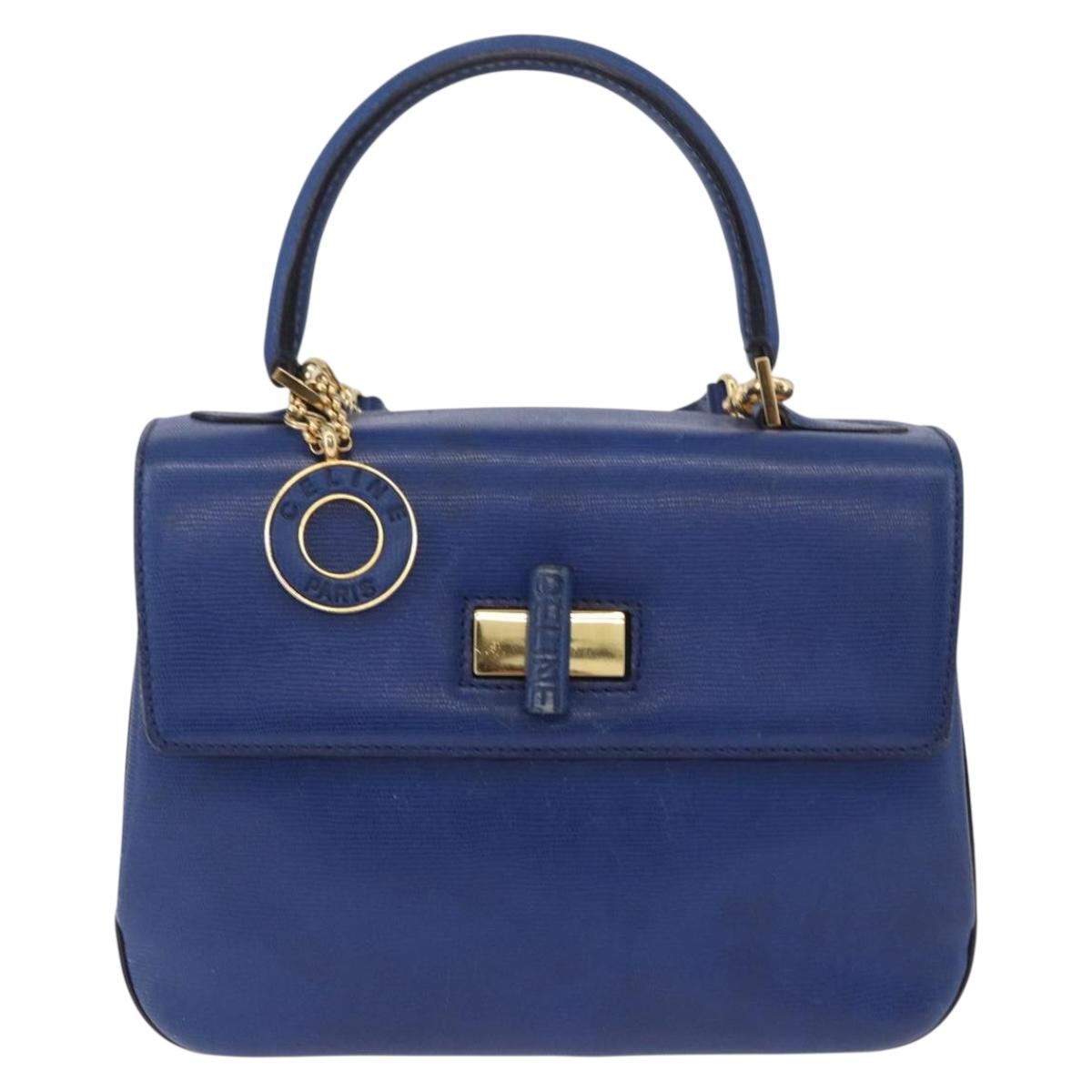 CELINE Circle Hand Bag Leather 2way Blue Gold Tone Auth BA14889A