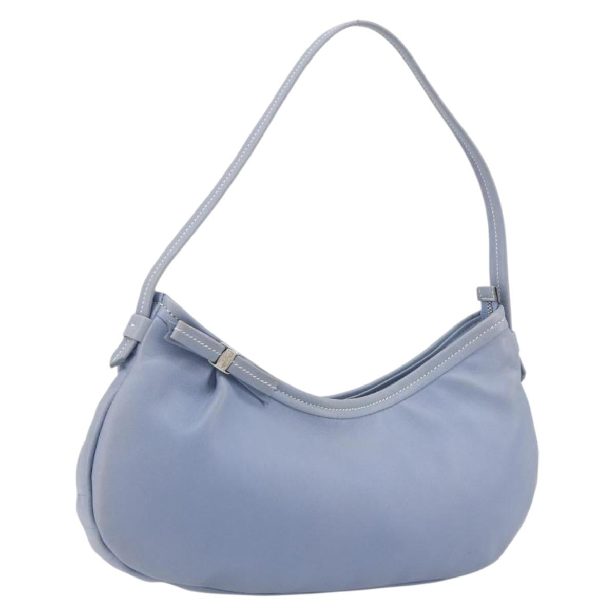 Salvatore Ferragamo Vara Ribbon Shoulder Bag Leather Blue Silver Auth BA14892