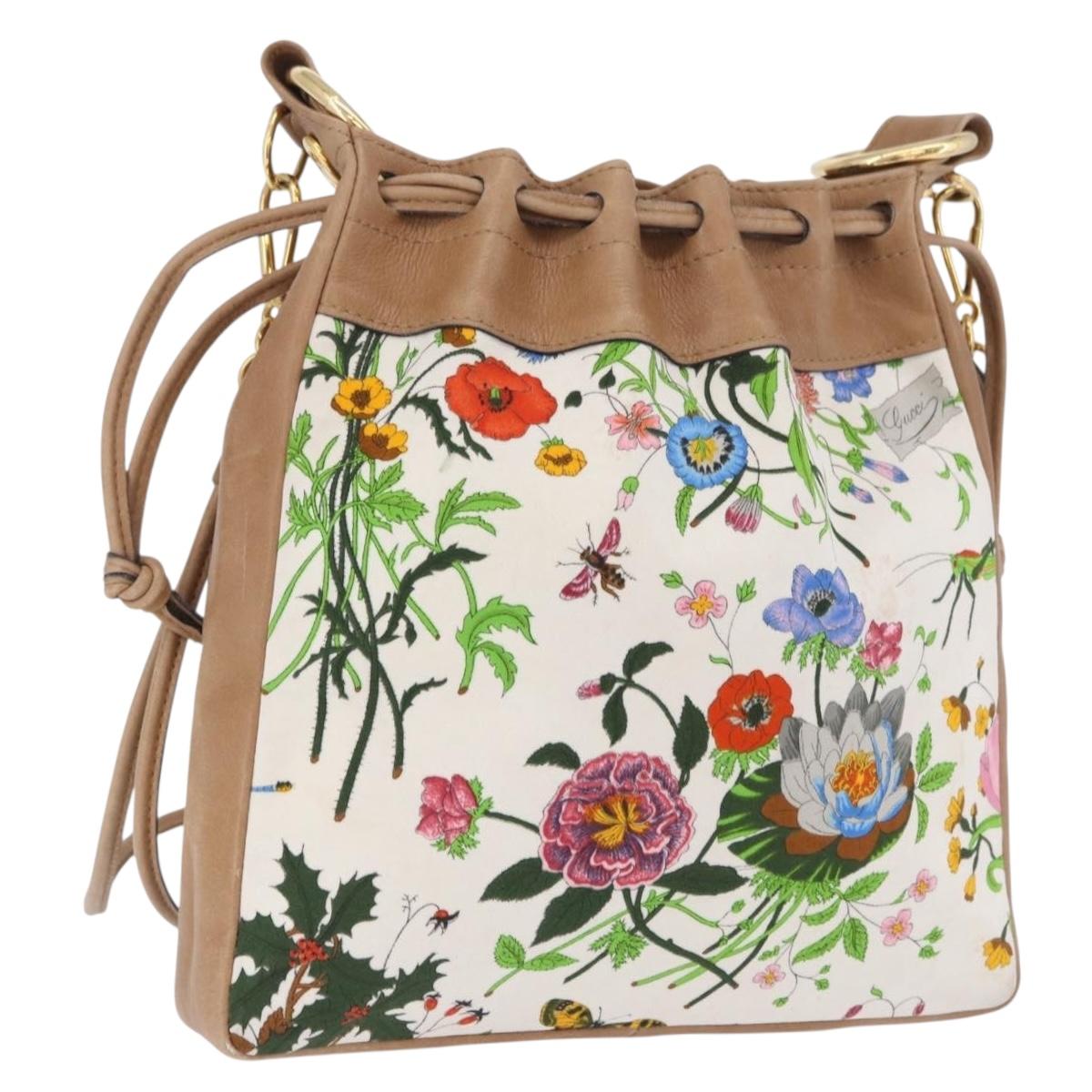 GUCCI Flora Drawstring Shoulder Bag Canvas White Beige Auth BA14894A