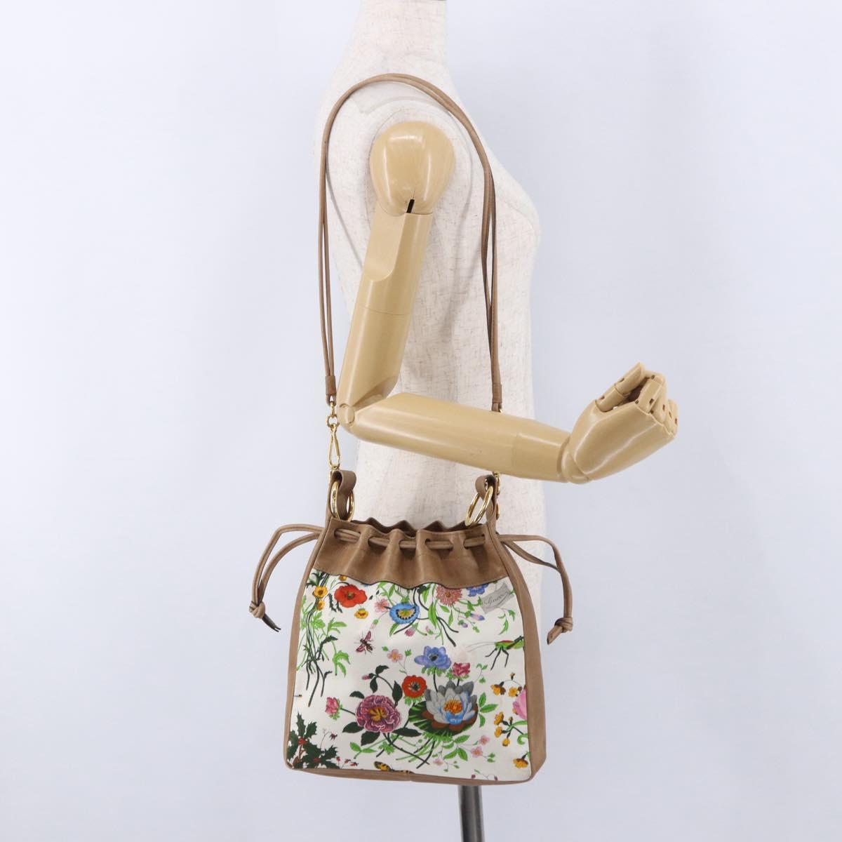 GUCCI Flora Drawstring Shoulder Bag Canvas White Beige Auth BA14894A