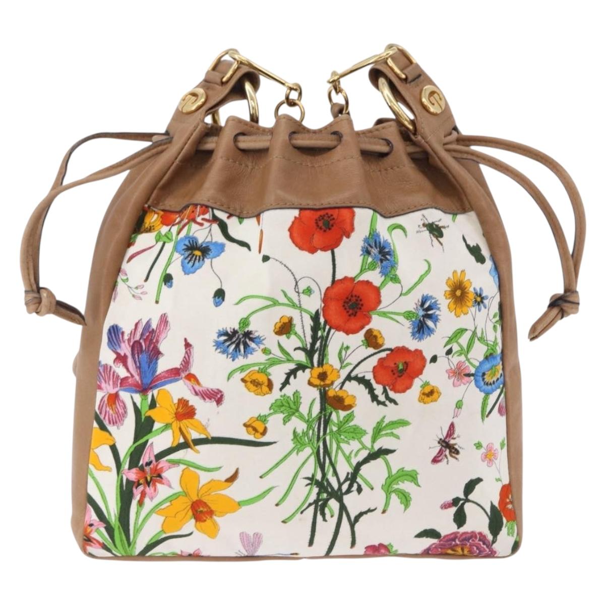 GUCCI Flora Drawstring Shoulder Bag Canvas White Beige Auth BA14894A