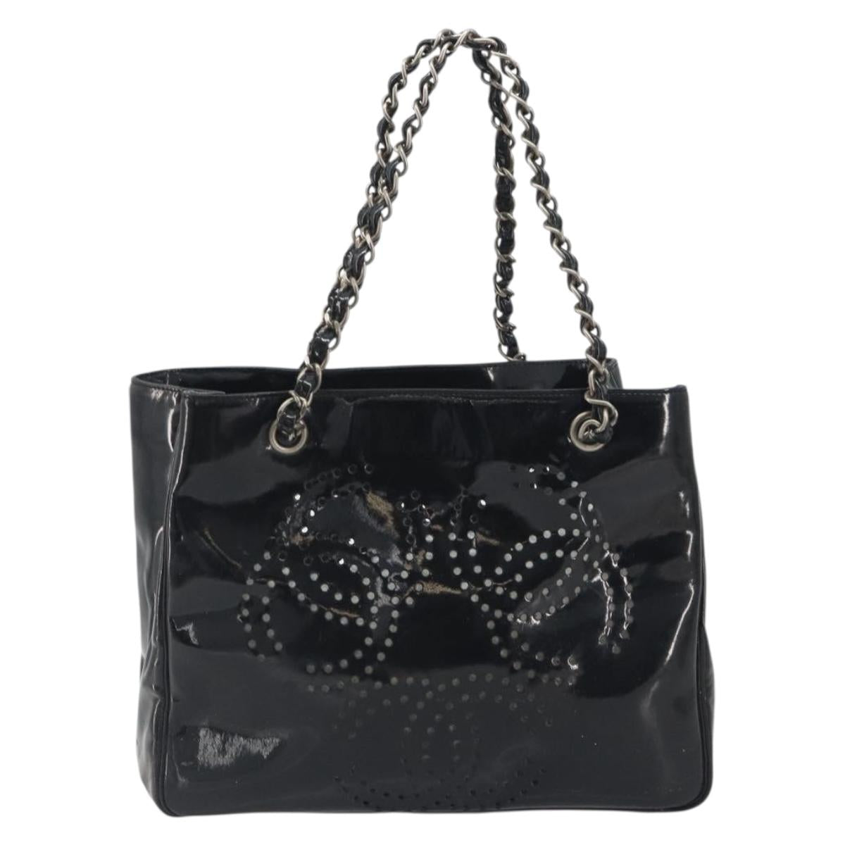 CHANEL Chain Tote Bag Patent Black Silver CC Auth BA14897