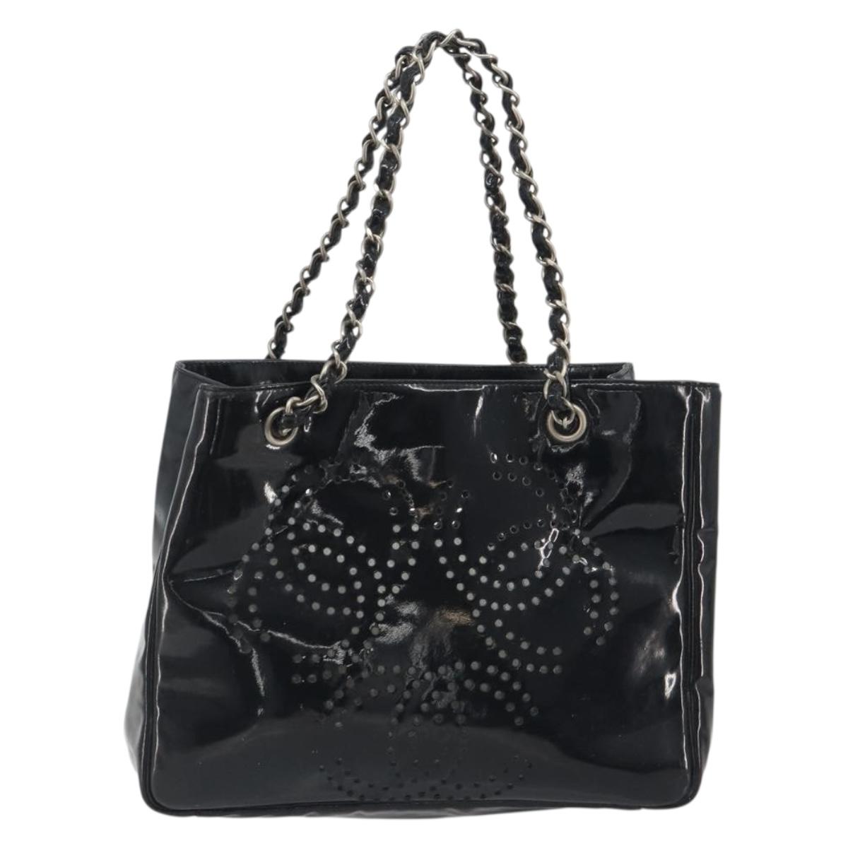 CHANEL Chain Tote Bag Patent Black Silver CC Auth BA14897