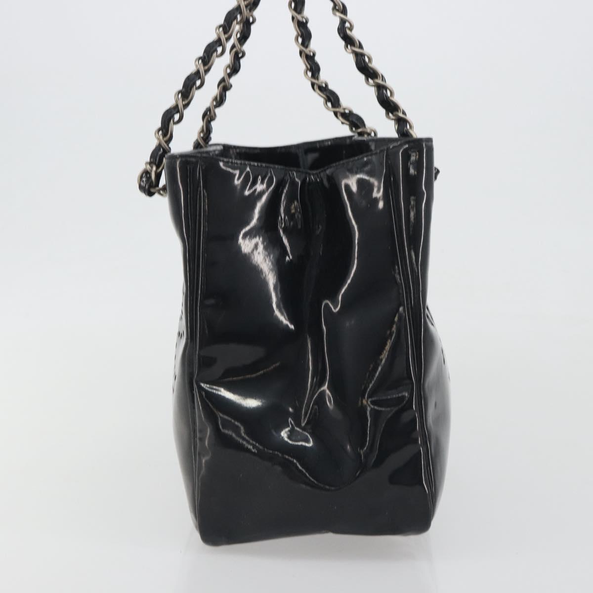 CHANEL Chain Tote Bag Patent Black Silver CC Auth BA14897