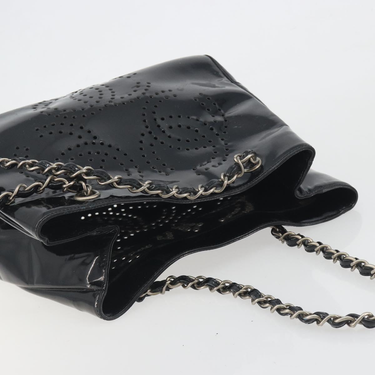 CHANEL Chain Tote Bag Patent Black Silver CC Auth BA14897
