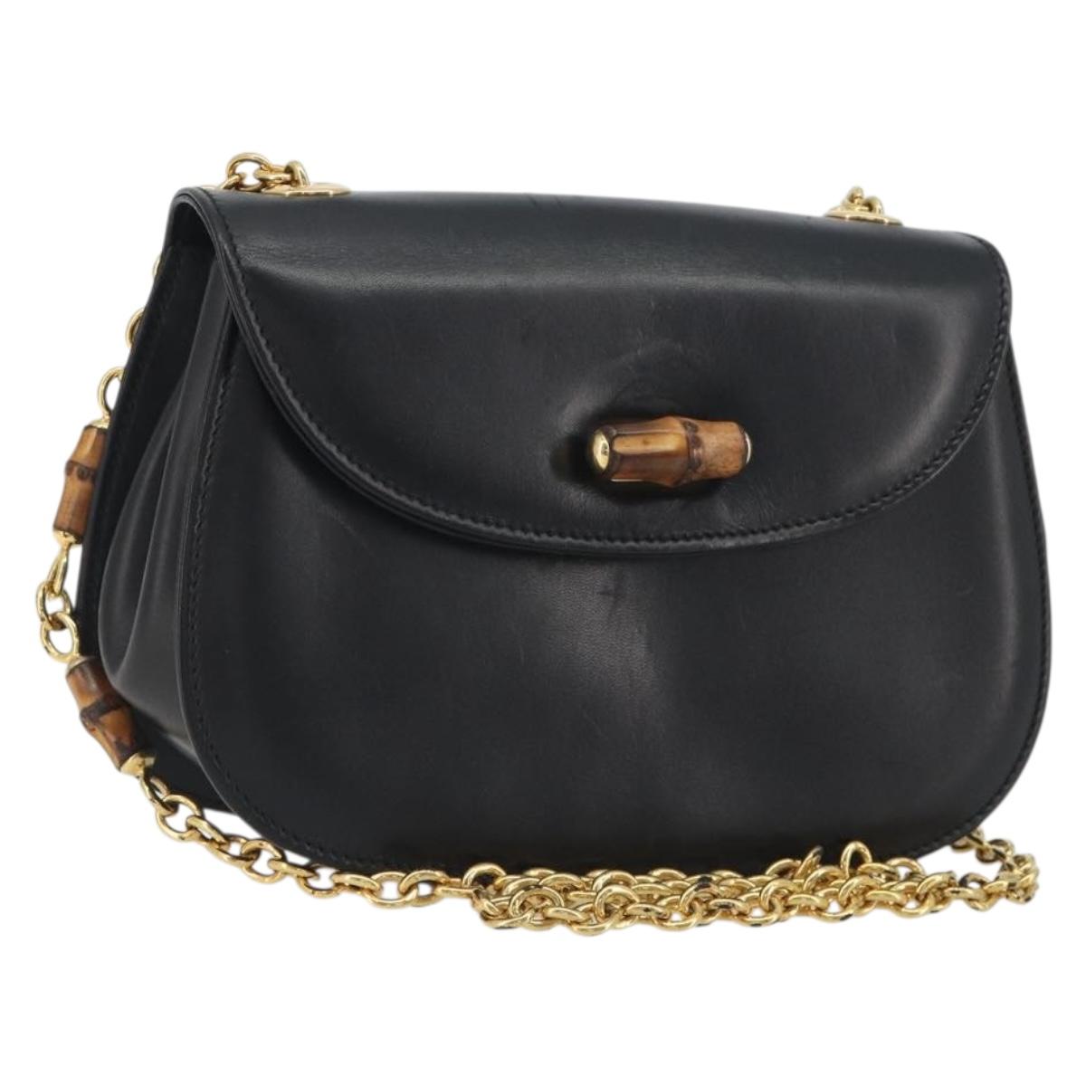 GUCCI Bamboo Chain Shoulder Bag Leather Black Gold 001 115 1497 Auth BA14916