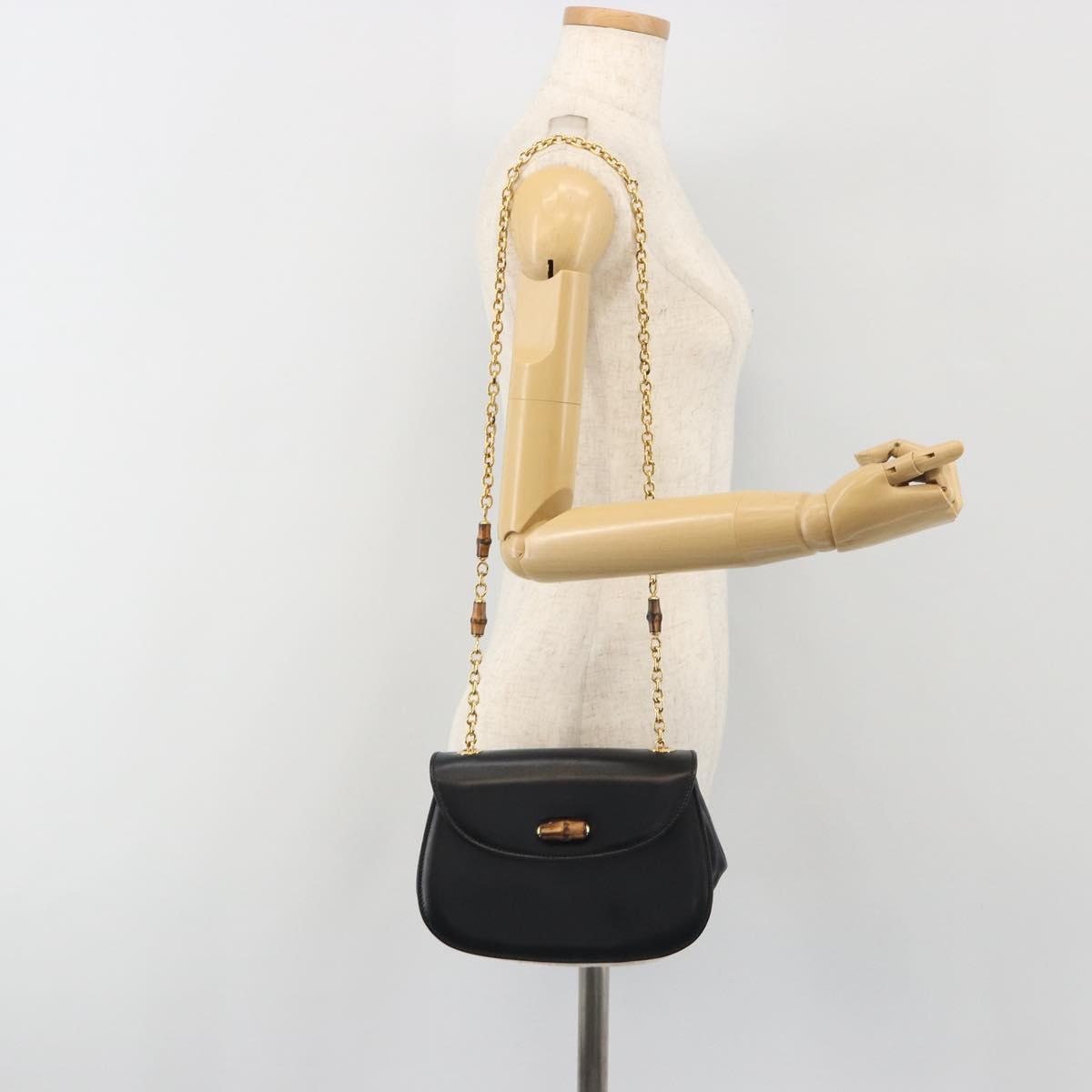 GUCCI Bamboo Chain Shoulder Bag Leather Black Gold 001 115 1497 Auth BA14916