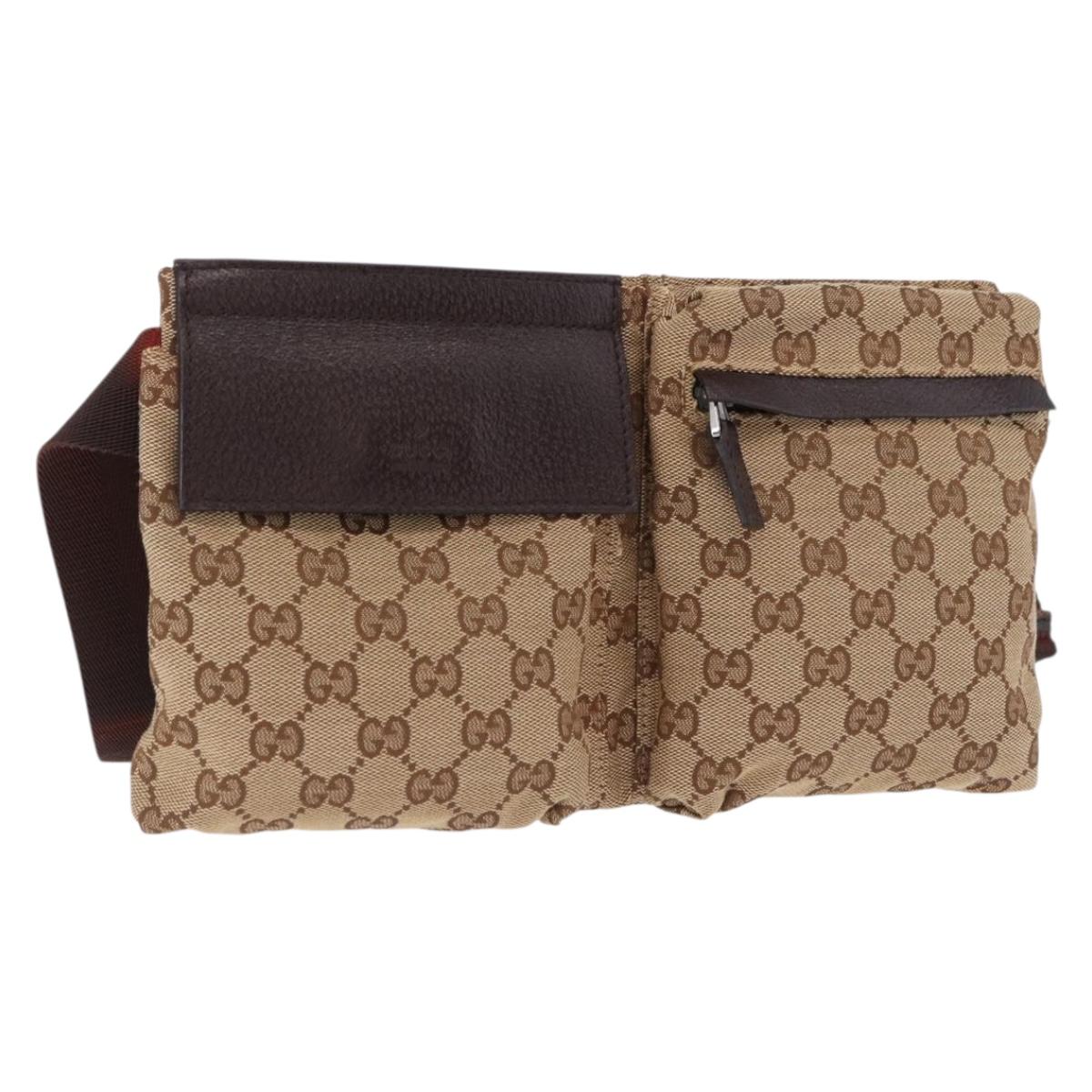 GUCCI GG Canvas Waist Bag Beige Silver 28566 Auth BA14924A