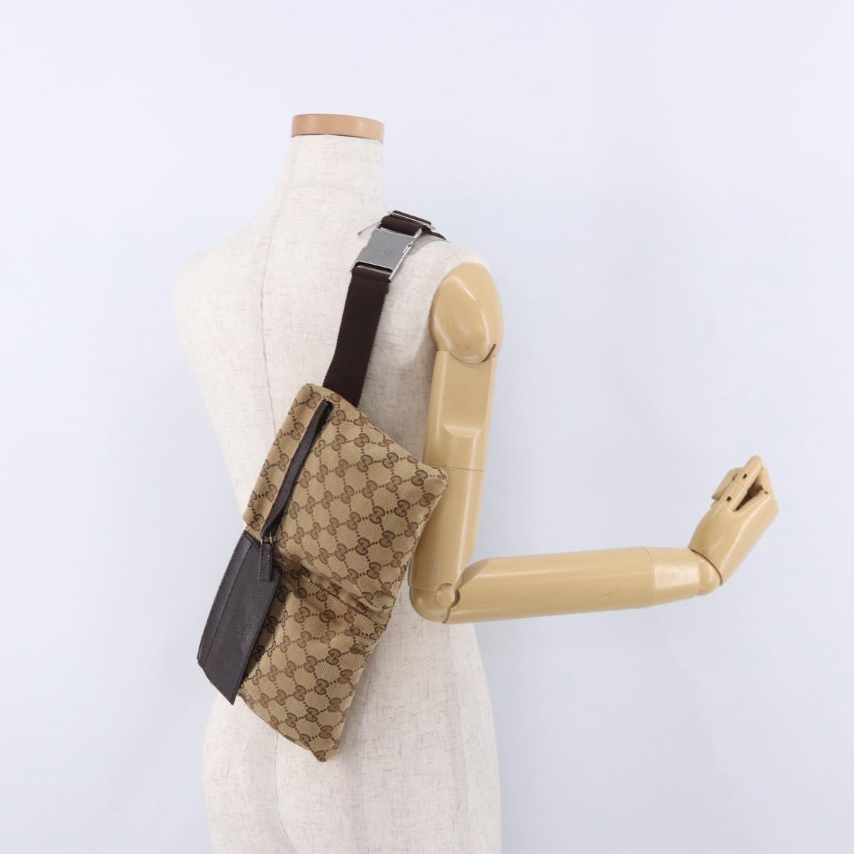 GUCCI GG Canvas Waist Bag Beige Silver 28566 Auth BA14924A