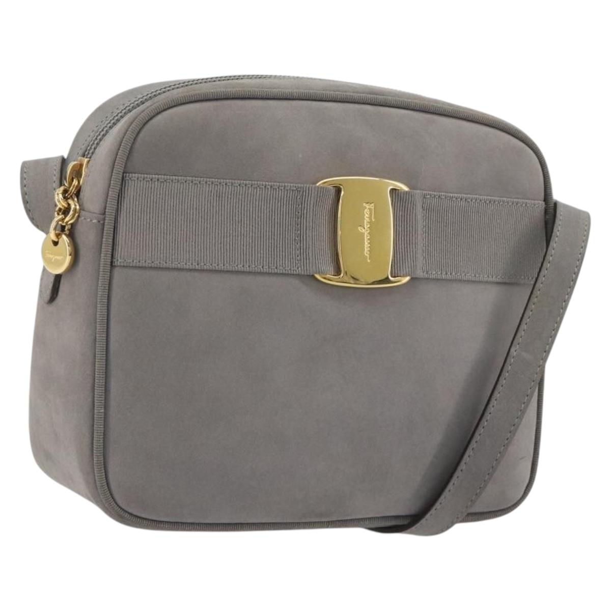 Salvatore Ferragamo Vala Shoulder Bag Suede Gray Gold Tone Auth BA14925