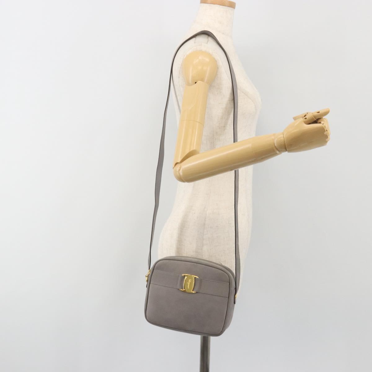 Salvatore Ferragamo Vala Shoulder Bag Suede Gray Gold Tone Auth BA14925