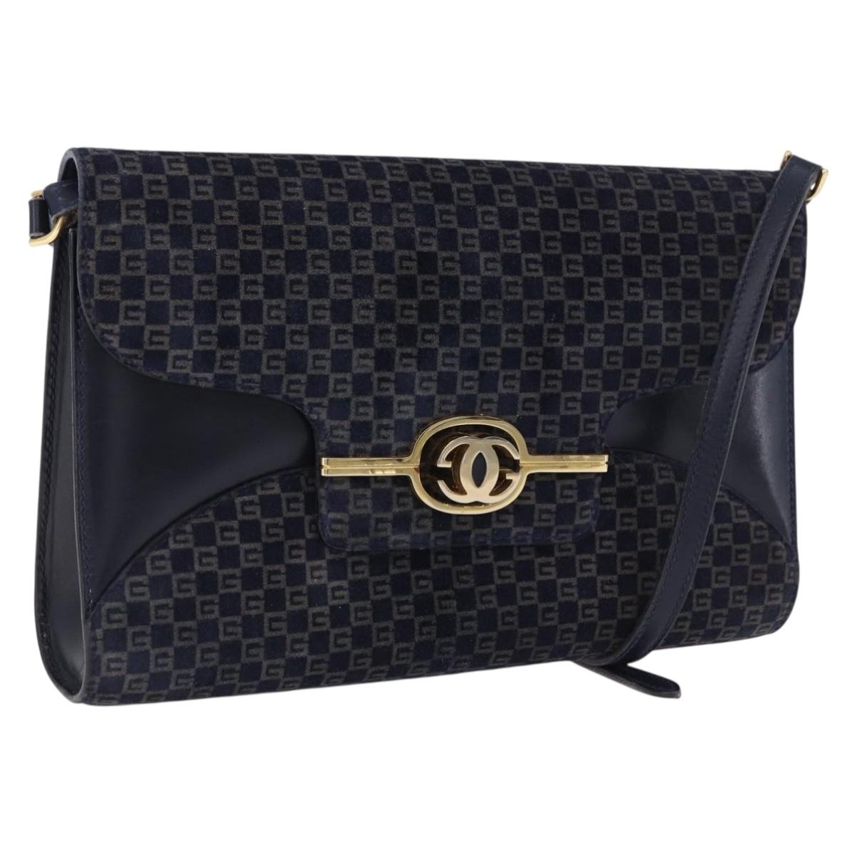 GUCCI Shoulder Bag Suede Navy Gold Tone Auth BA14926