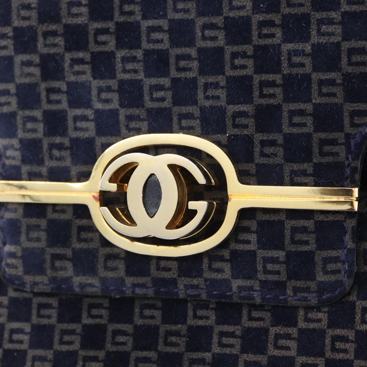 GUCCI Shoulder Bag Suede Navy Gold Tone Auth BA14926
