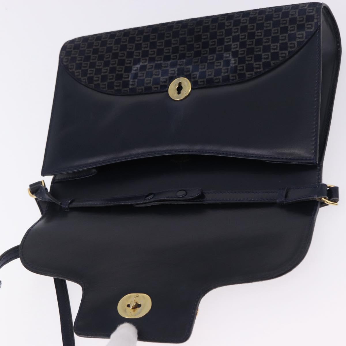 GUCCI Shoulder Bag Suede Navy Gold Tone Auth BA14926