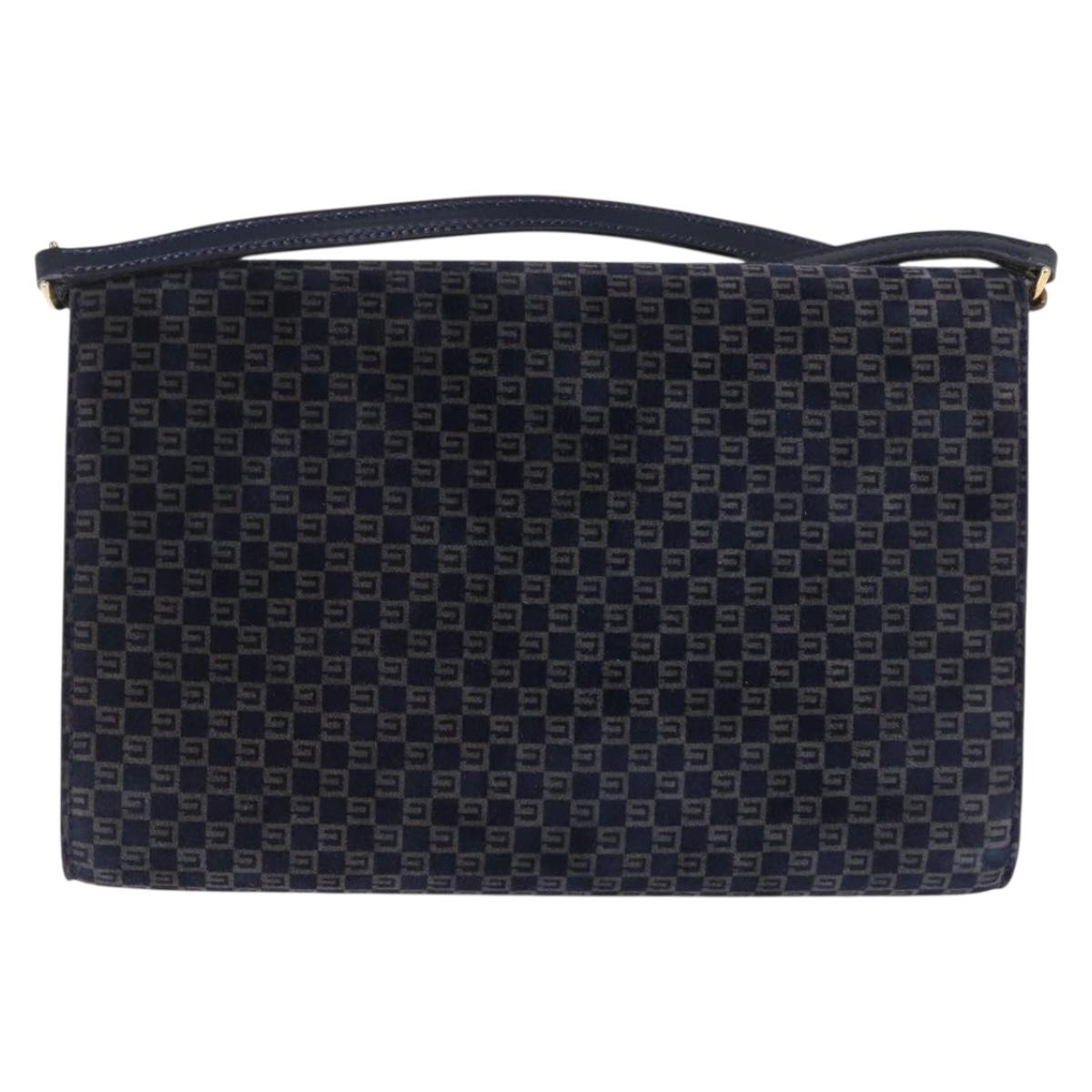 GUCCI Shoulder Bag Suede Navy Gold Tone Auth BA14926
