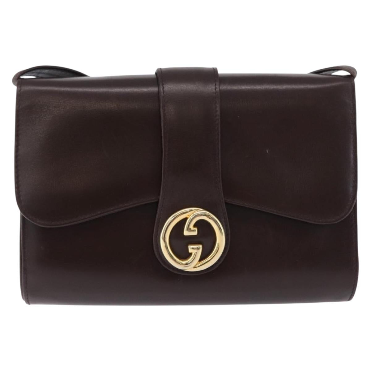 GUCCI Shoulder Bag Leather Brown Gold Tone Auth BA14934