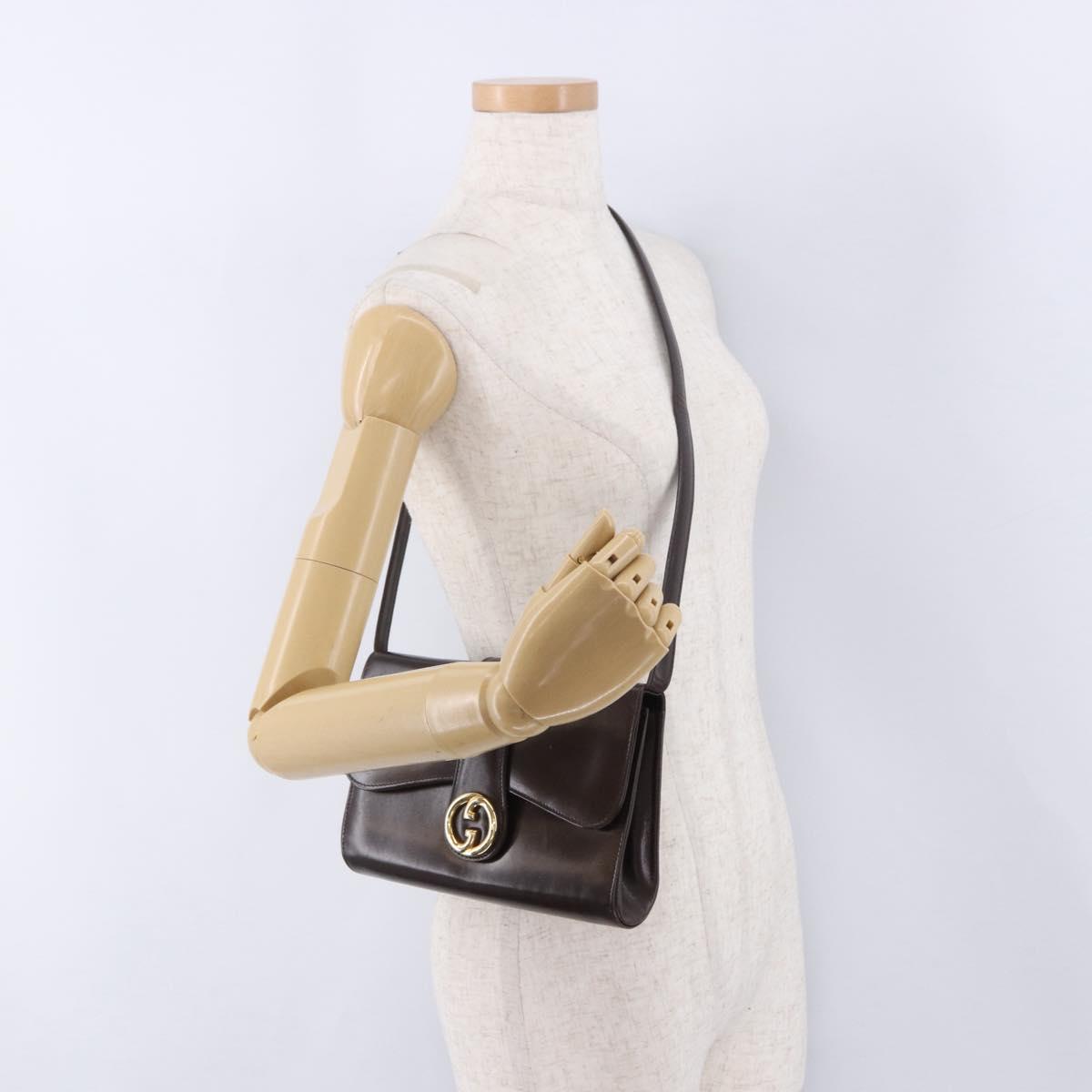 GUCCI Shoulder Bag Leather Brown Gold Tone Auth BA14934