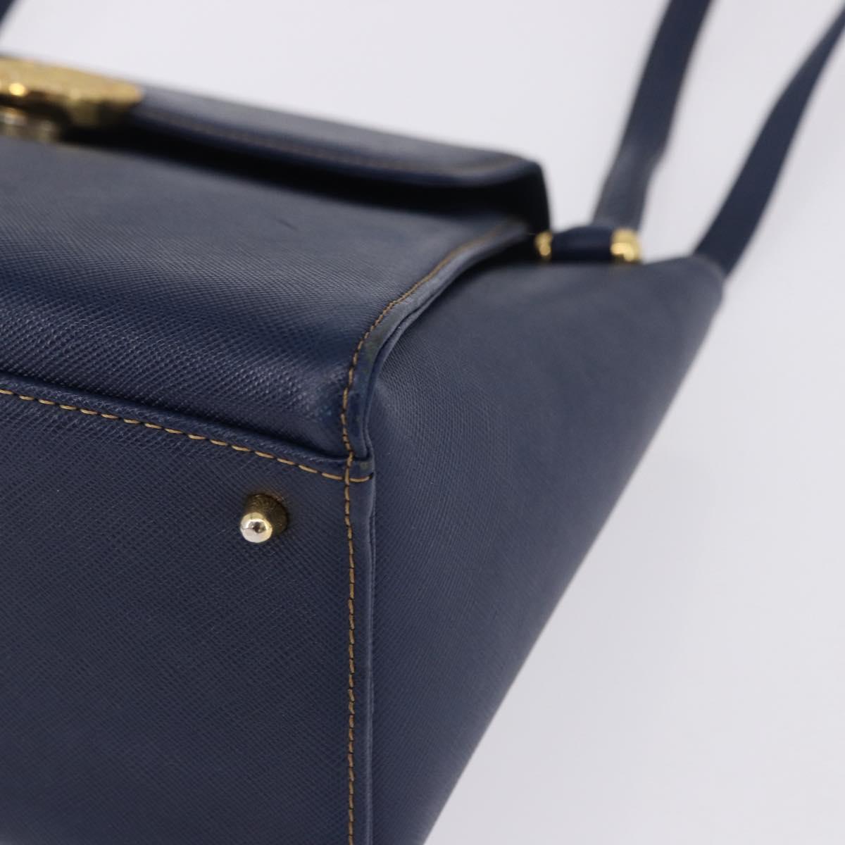 VALENTINO Shoulder Bag Leather Navy Gold Tone Auth BA14965