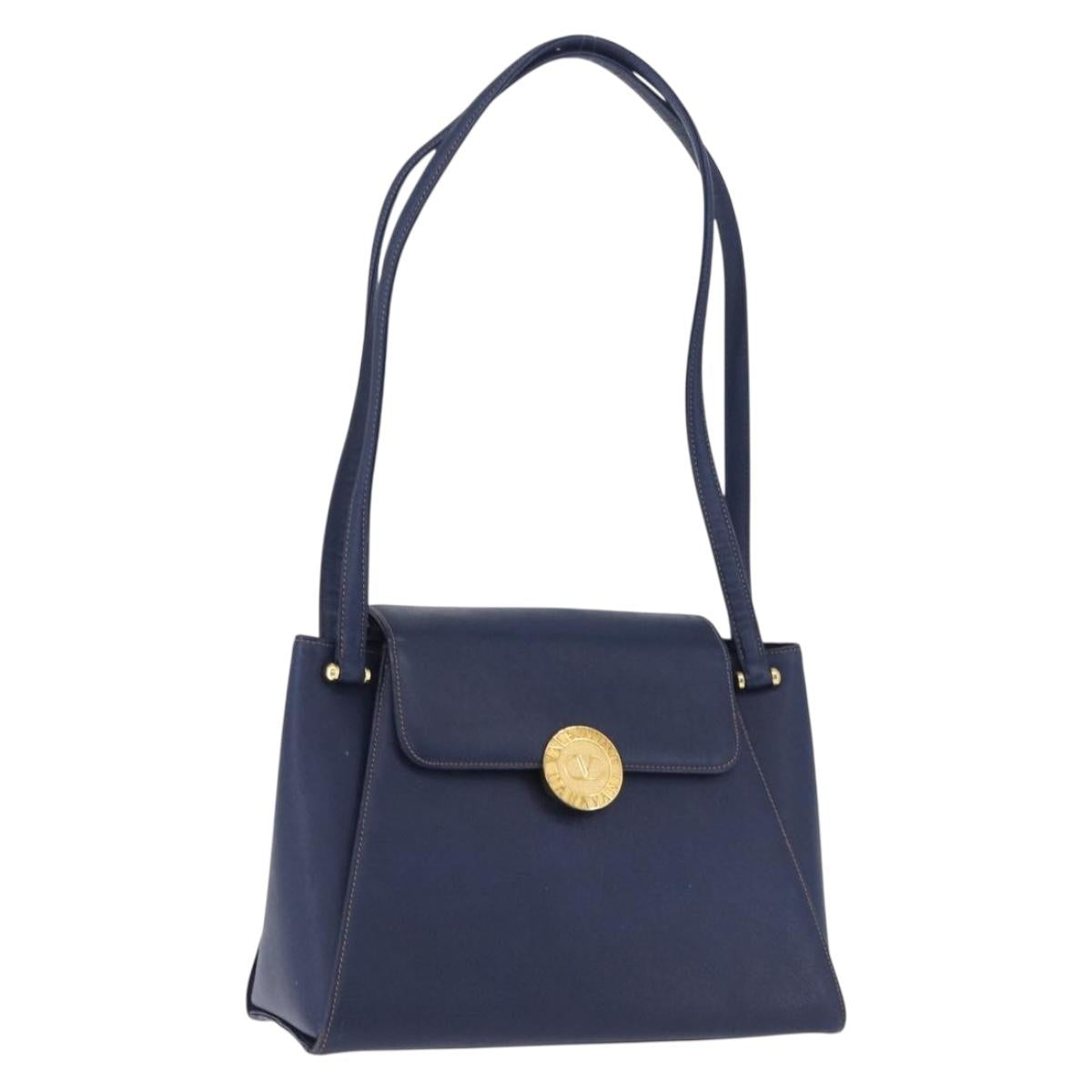 VALENTINO Shoulder Bag Leather Navy Gold Tone Auth BA14965