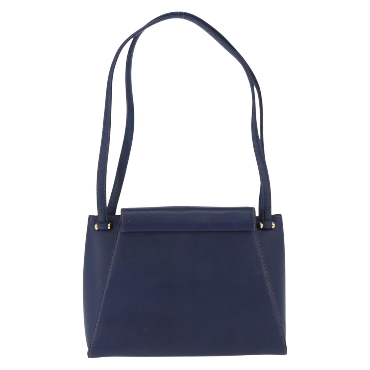 VALENTINO Shoulder Bag Leather Navy Gold Tone Auth BA14965
