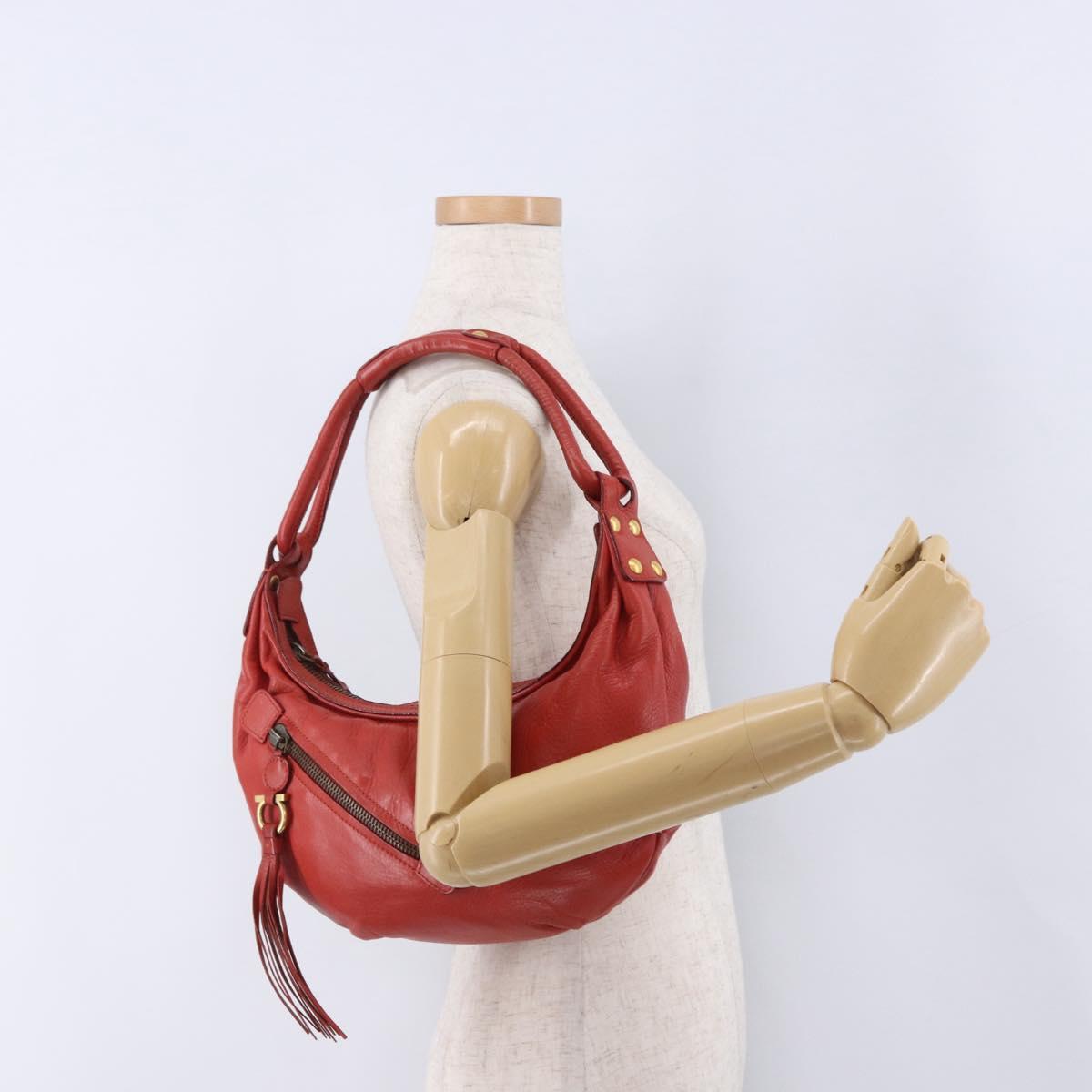 Chloe Gancini Shoulder Bag Leather Red Gold Tone Auth BA14967A