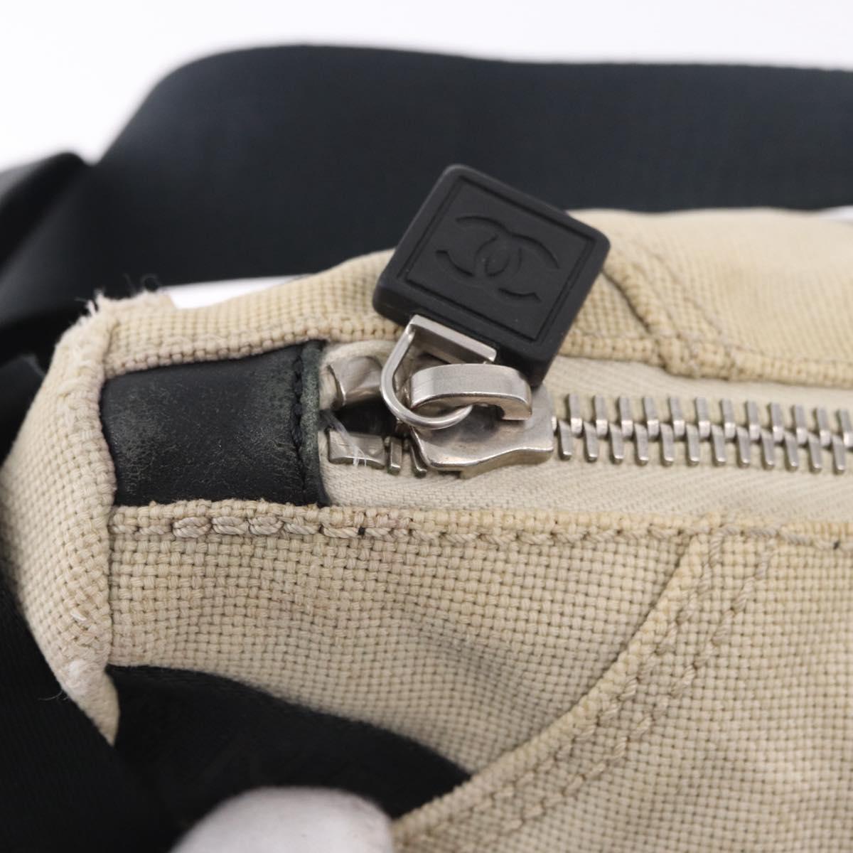CHANEL Sports Shoulder Bag Canvas Ivory Black CC Auth BA14971