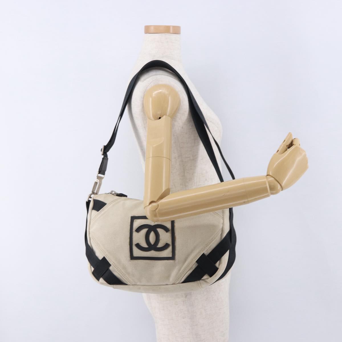 CHANEL Sports Shoulder Bag Canvas Ivory Black CC Auth BA14971