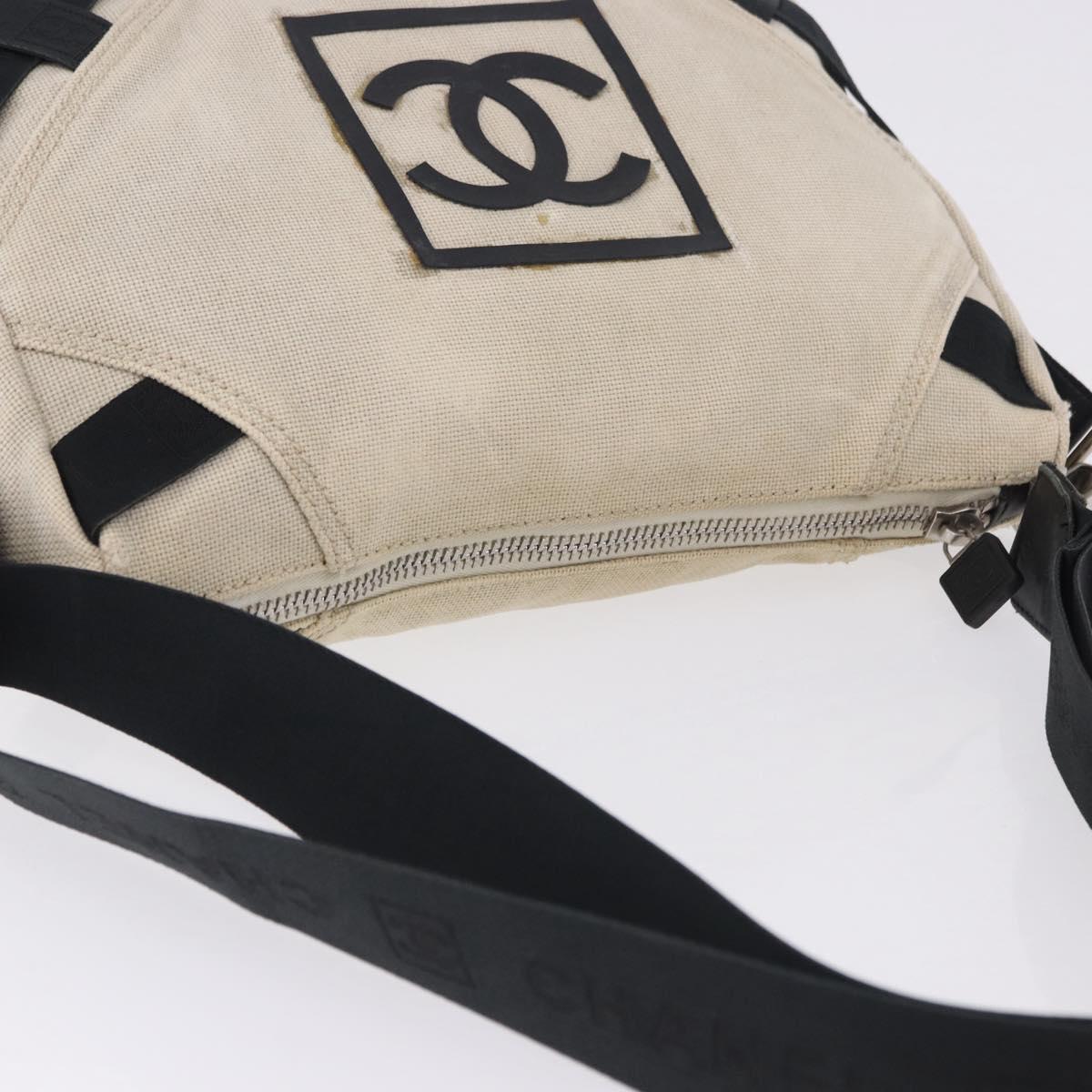 CHANEL Sports Shoulder Bag Canvas Ivory Black CC Auth BA14971