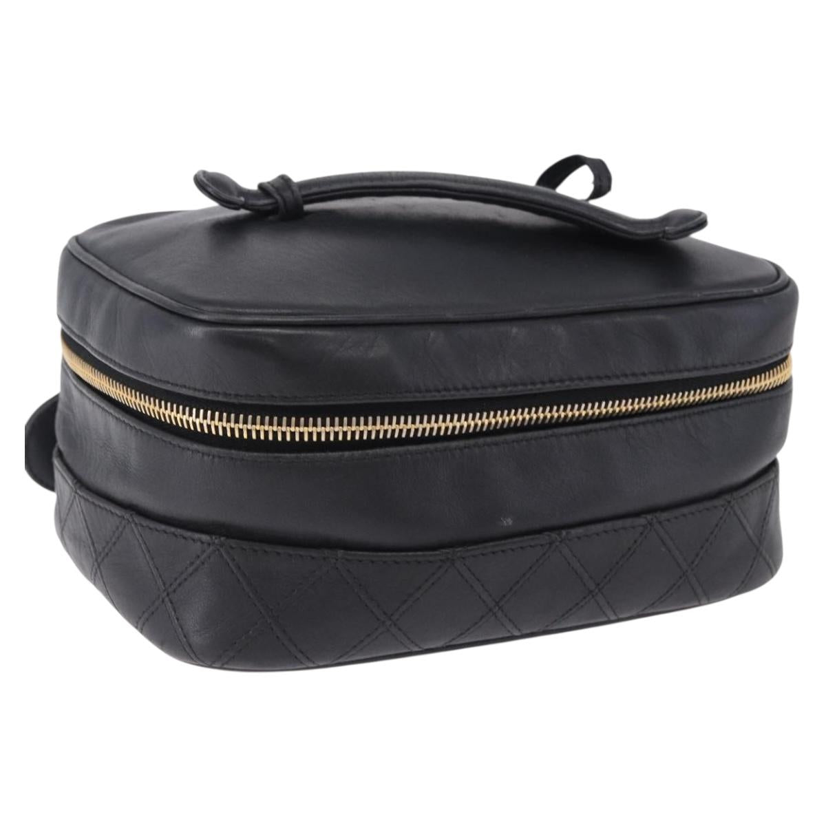CHANEL Bicolore Cosmetic Pouch Leather Black Gold Tone CC Auth BA14972