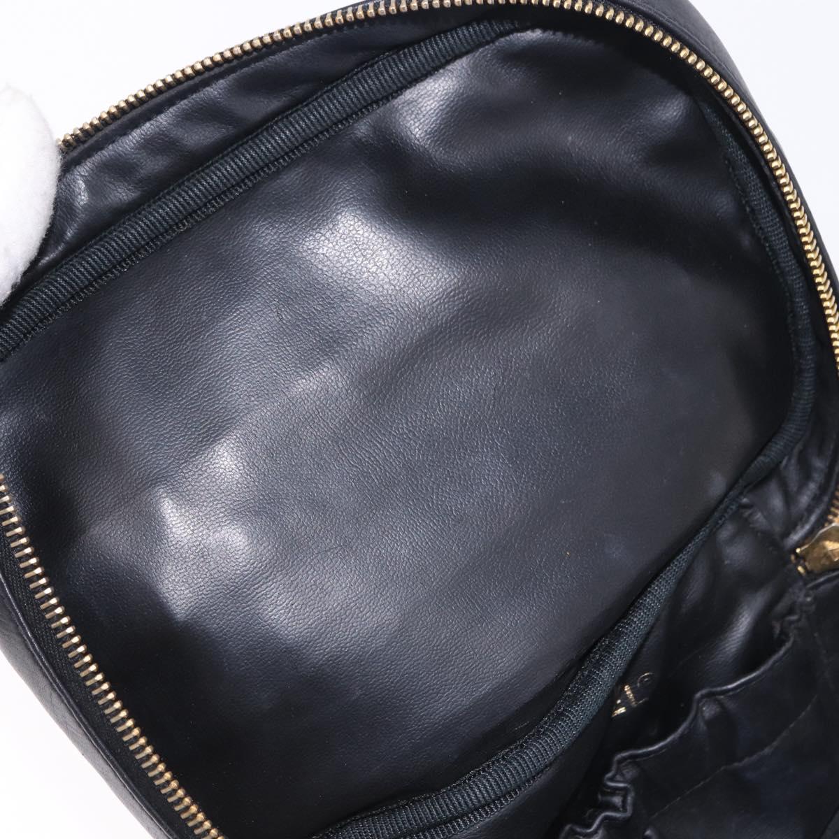 CHANEL Bicolore Cosmetic Pouch Leather Black Gold Tone CC Auth BA14972