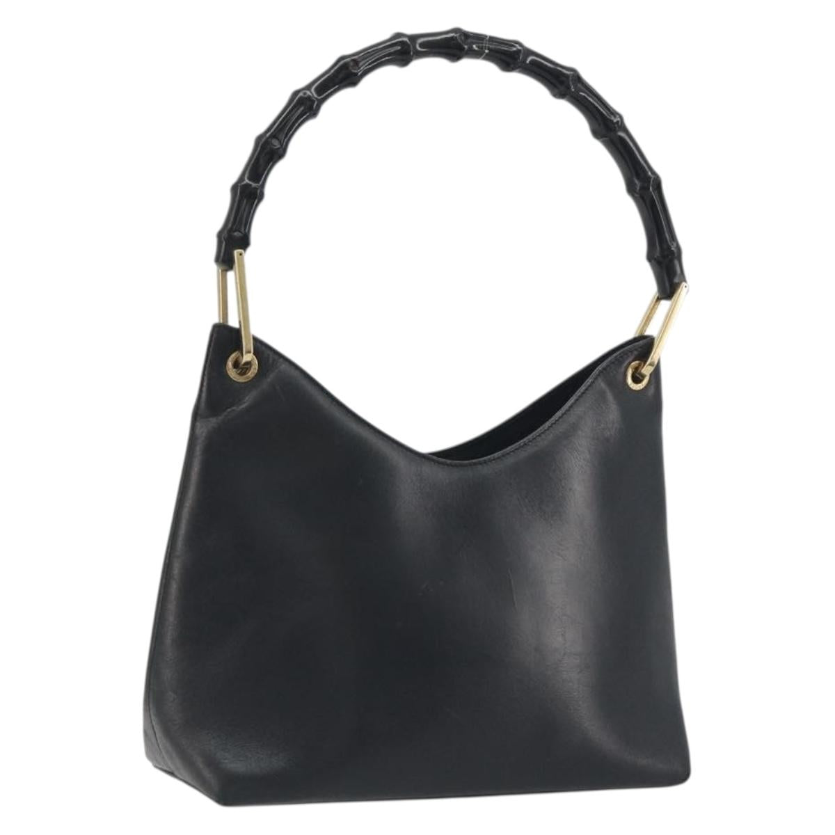 GUCCI Bamboo Shoulder Bag Leather Black Gold Tone 001 3008 Auth BA14975
