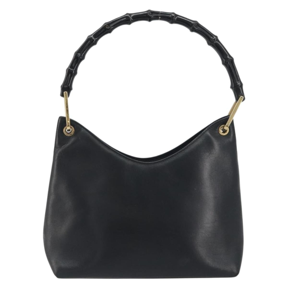 GUCCI Bamboo Shoulder Bag Leather Black Gold Tone 001 3008 Auth BA14975