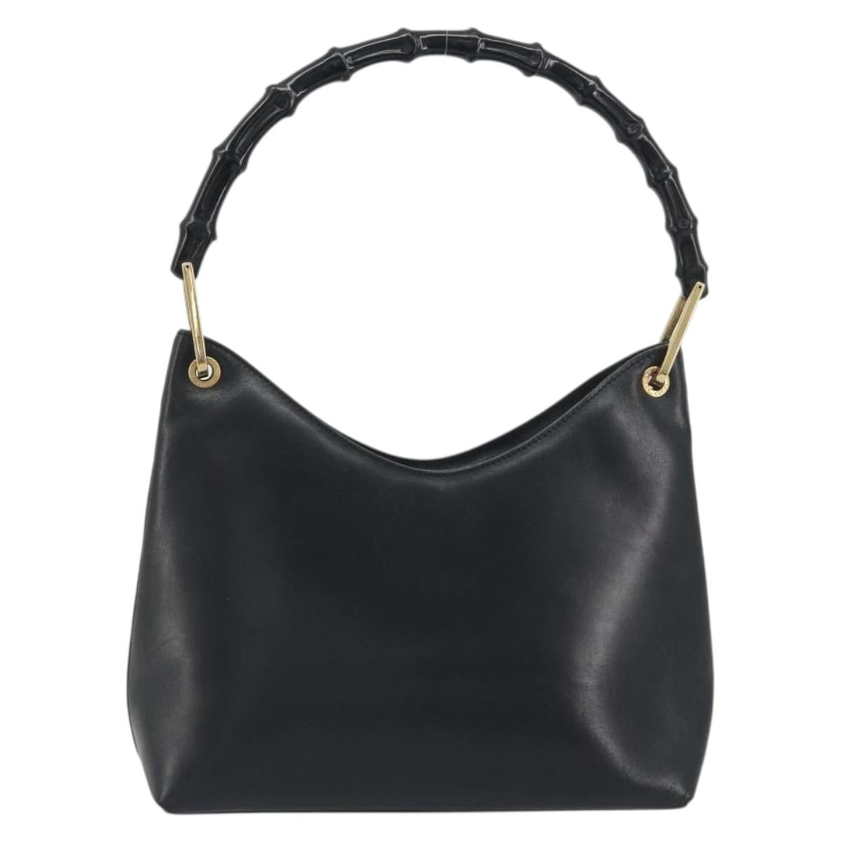 GUCCI Bamboo Shoulder Bag Leather Black Gold Tone 001 3008 Auth BA14975