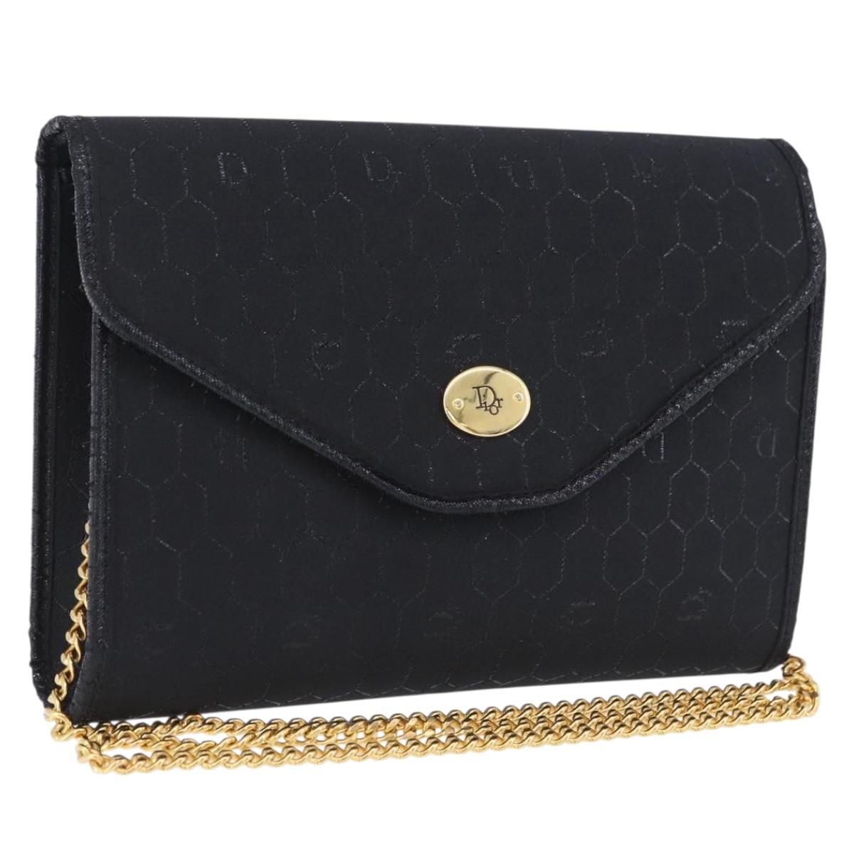 Christian Dior Honeycomb Chain Shoulder Bag Canvas Black Gold Tone Auth BA14988V