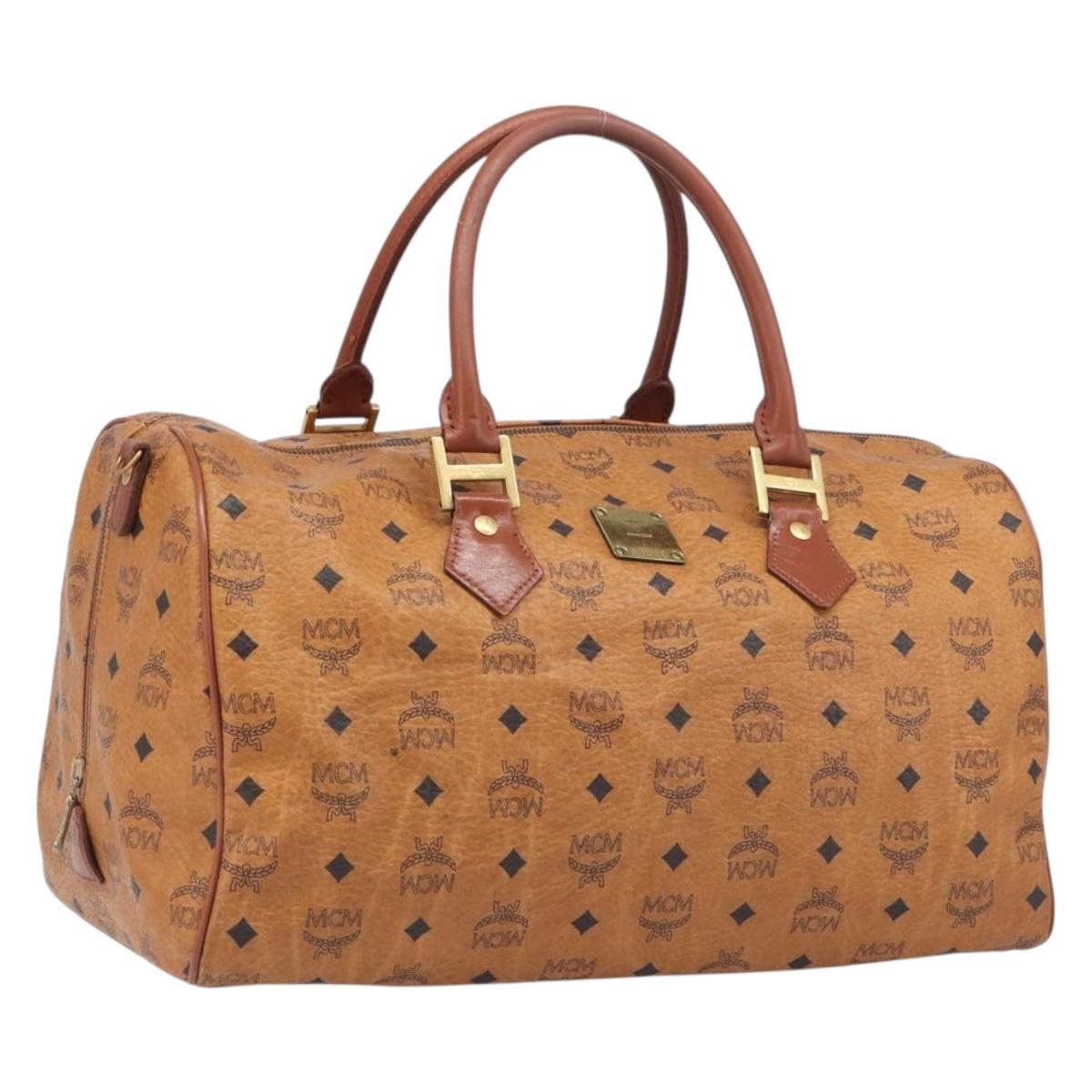 MCM Vicetos Boston Bag PVC Leather Brown Gold Tone Auth BA14989