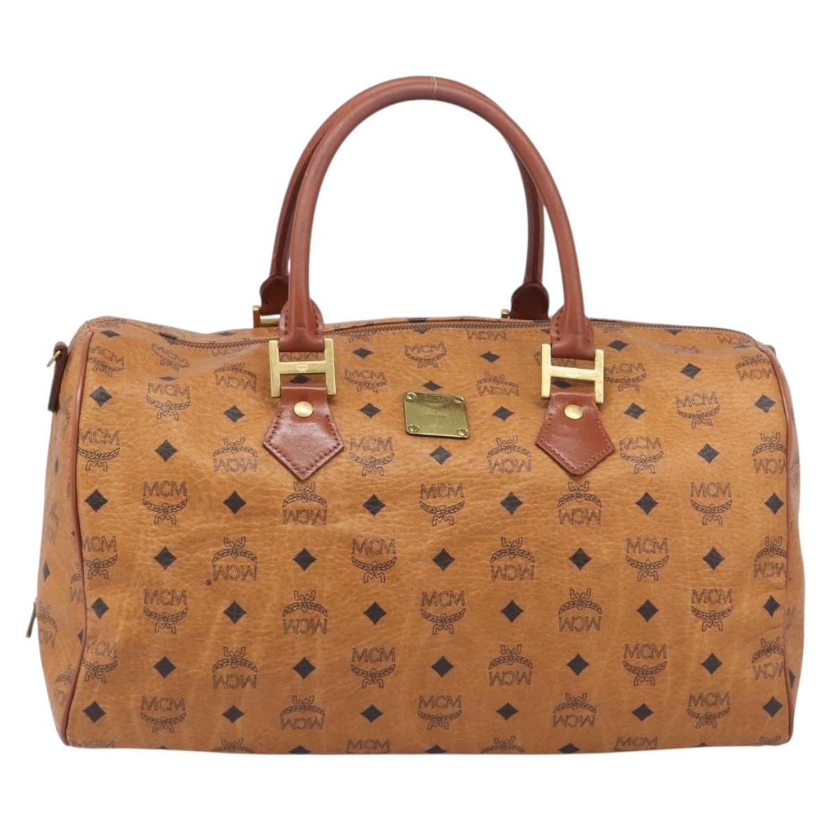 MCM Vicetos Boston Bag PVC Leather Brown Gold Tone Auth BA14989