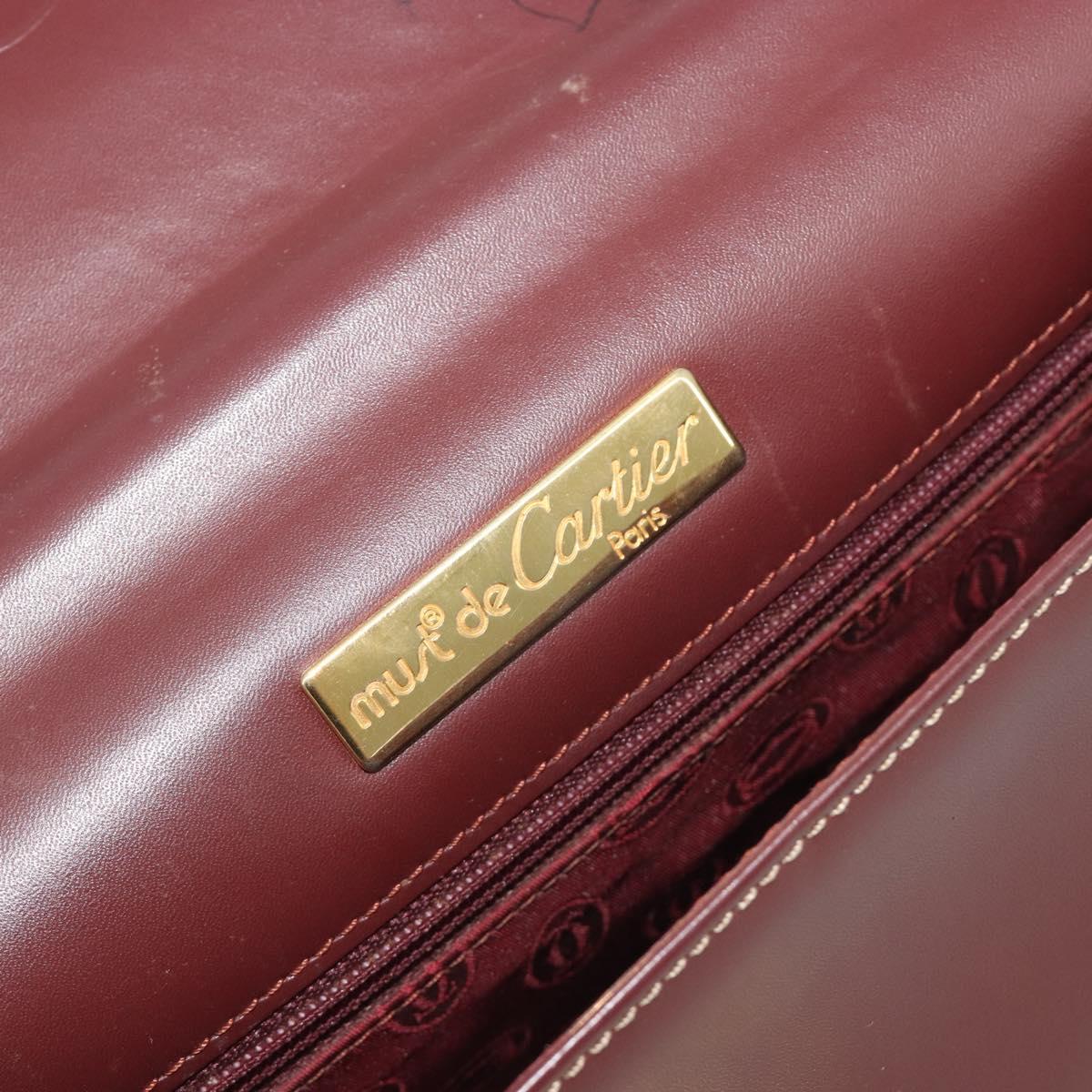 CARTIER Hand Bag Leather Bordeaux Gold Tone Auth BA14995