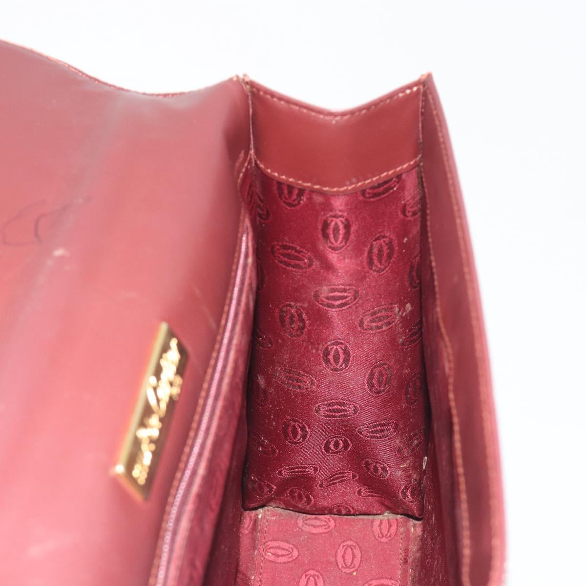 CARTIER Hand Bag Leather Bordeaux Gold Tone Auth BA14995