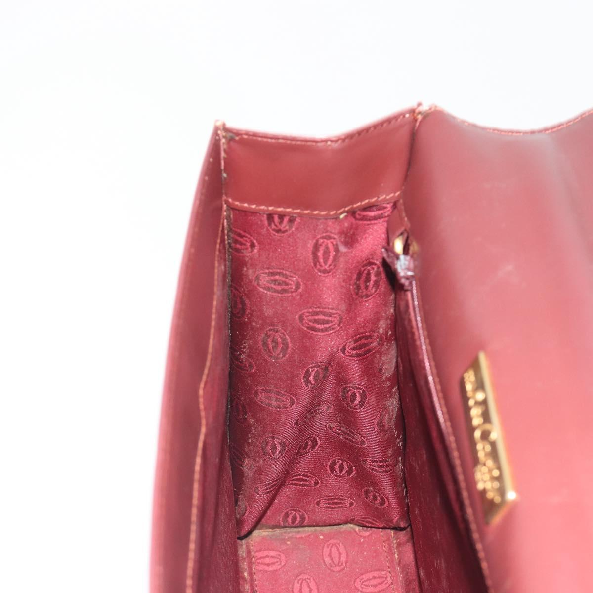 CARTIER Hand Bag Leather Bordeaux Gold Tone Auth BA14995