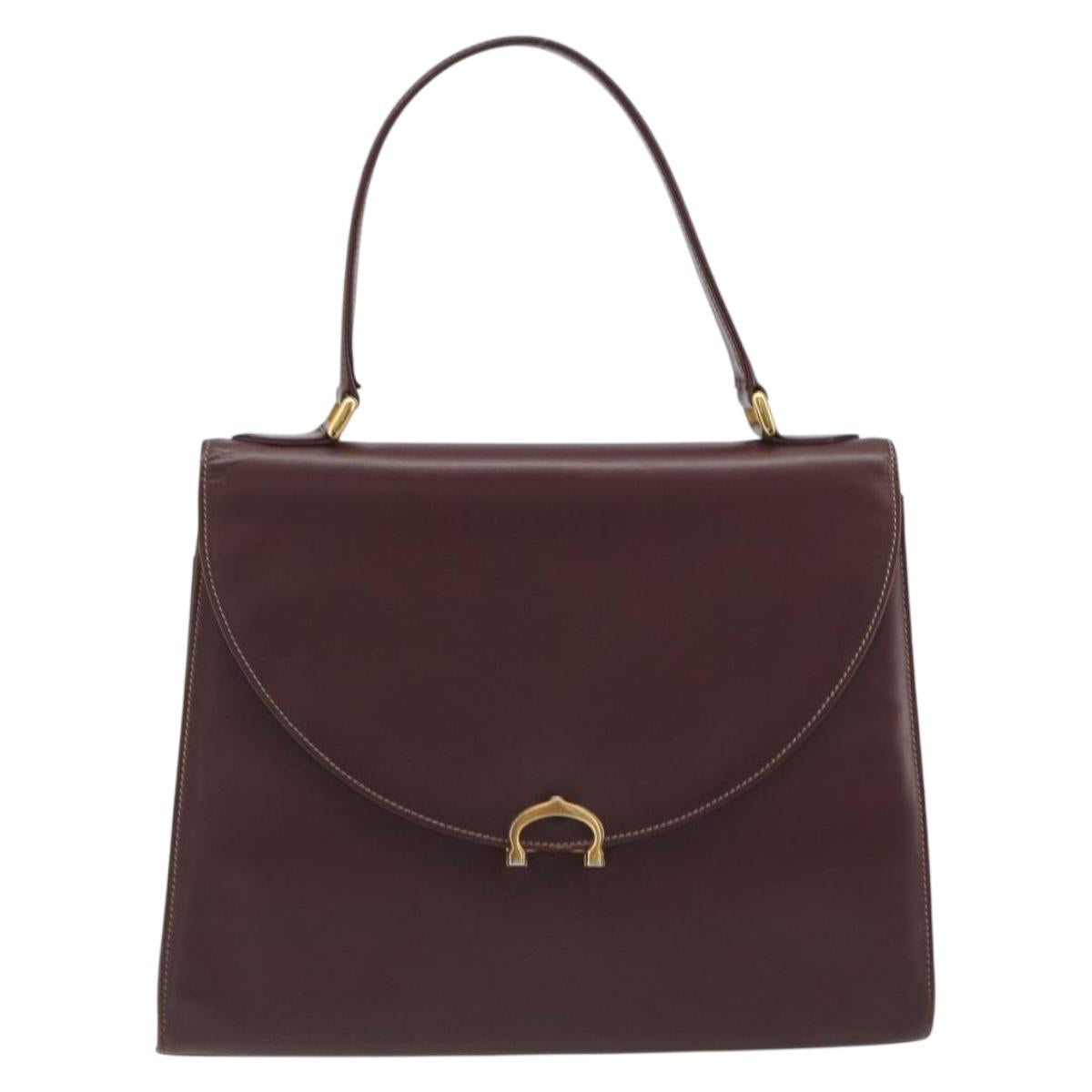 CARTIER Hand Bag Leather Bordeaux Gold Tone Auth BA14995