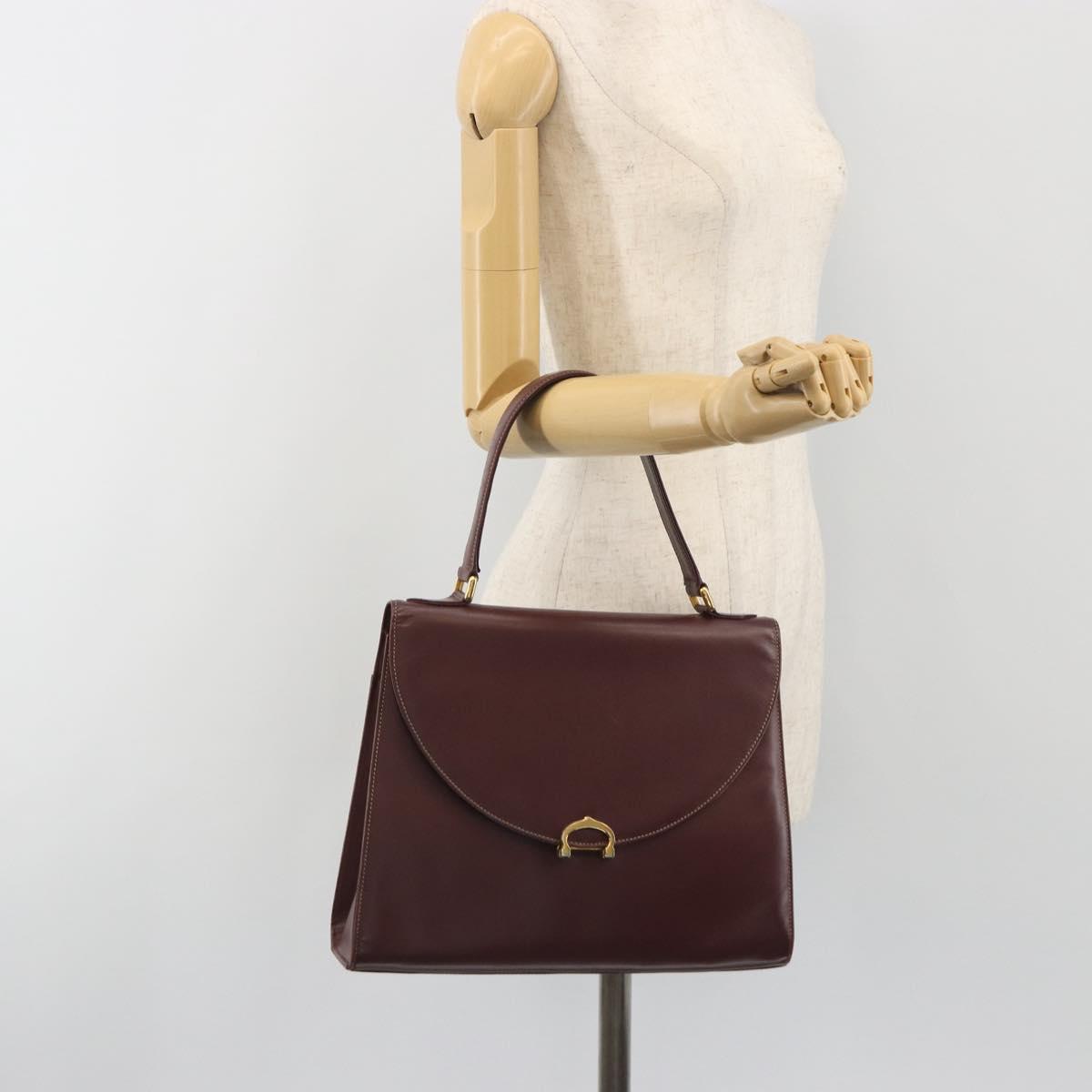 CARTIER Hand Bag Leather Bordeaux Gold Tone Auth BA14995