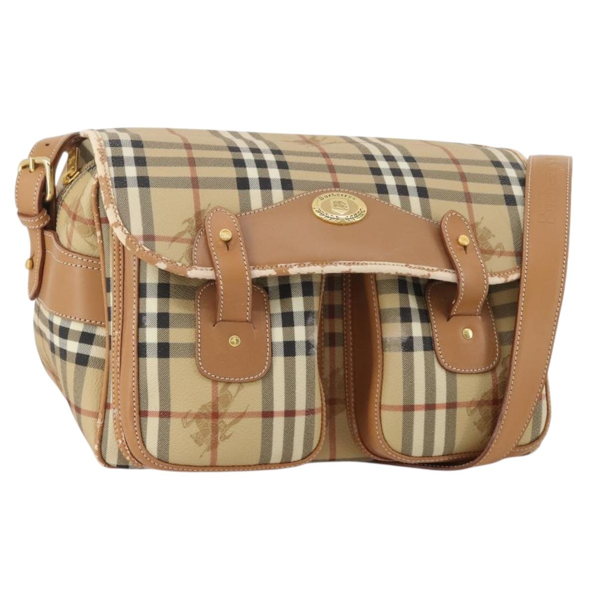 Burberrys Nova Check Shoulder Bag PVC Leather Beige Gold Tone Auth BA14999