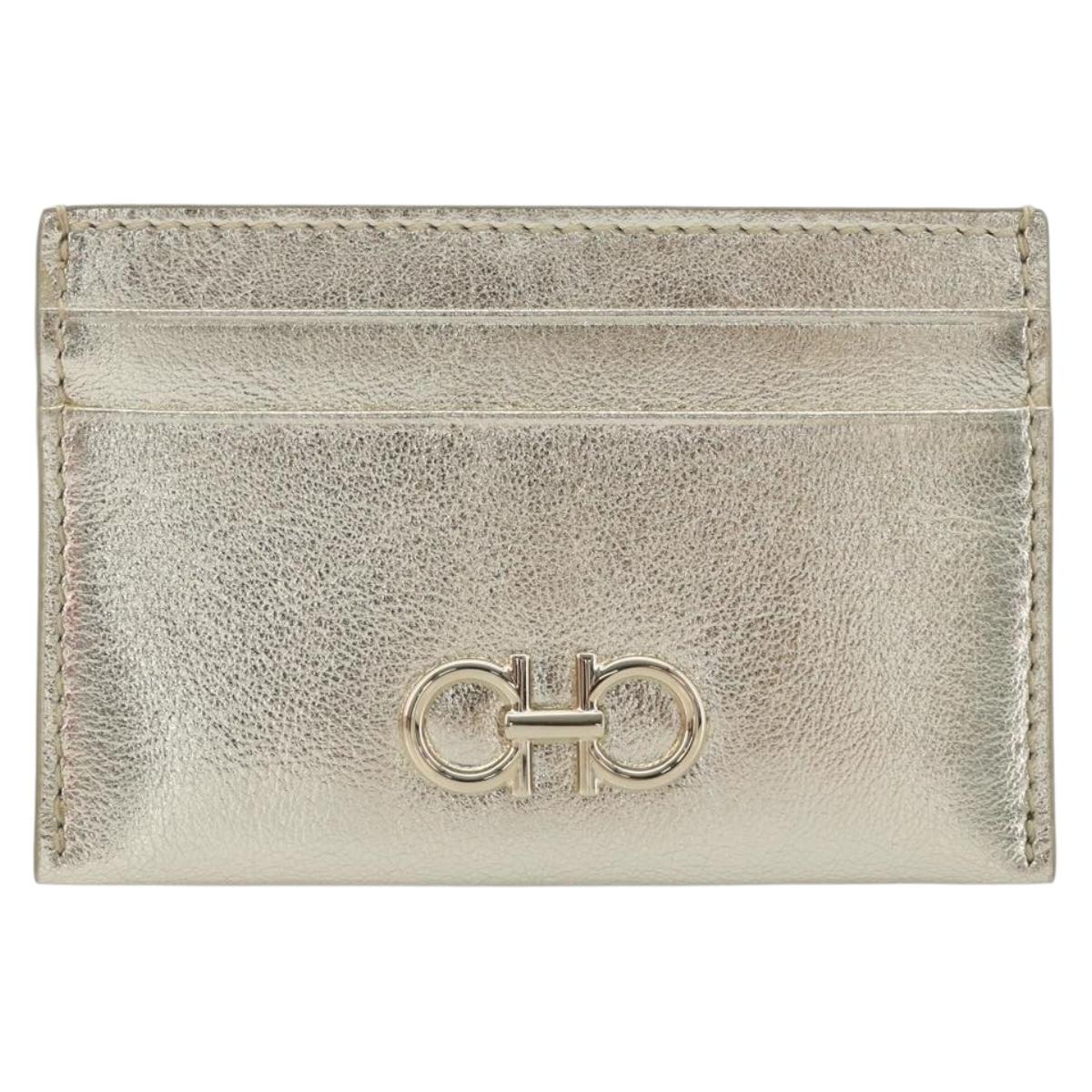 Salvatore Ferragamo Gancini Card Case Leather Champagne Gold Auth BA15034V