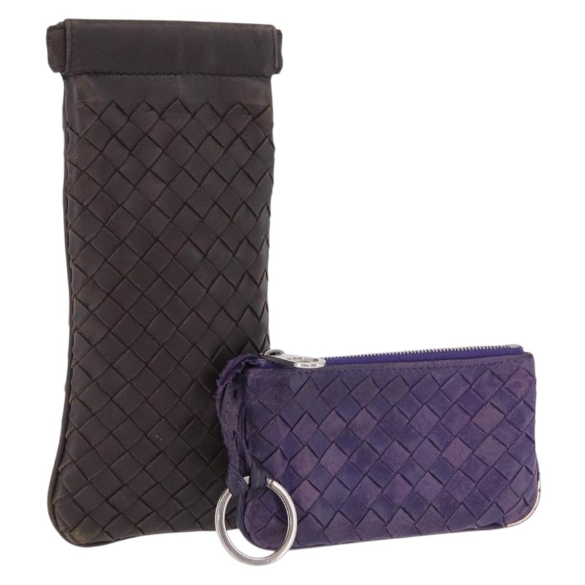 BOTTEGA VENETA INTRECCIATO Glasses Case Coin Purse Leather 2 Set Auth BA15053