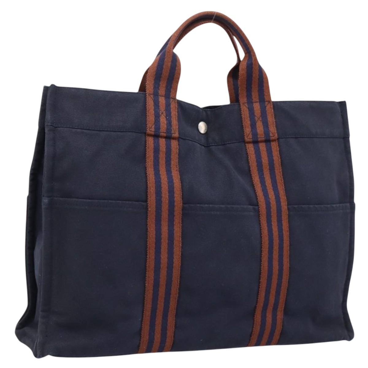 HERMES Fourre Tout MM Hand Bag Cotton Navy Silver Auth BA15062