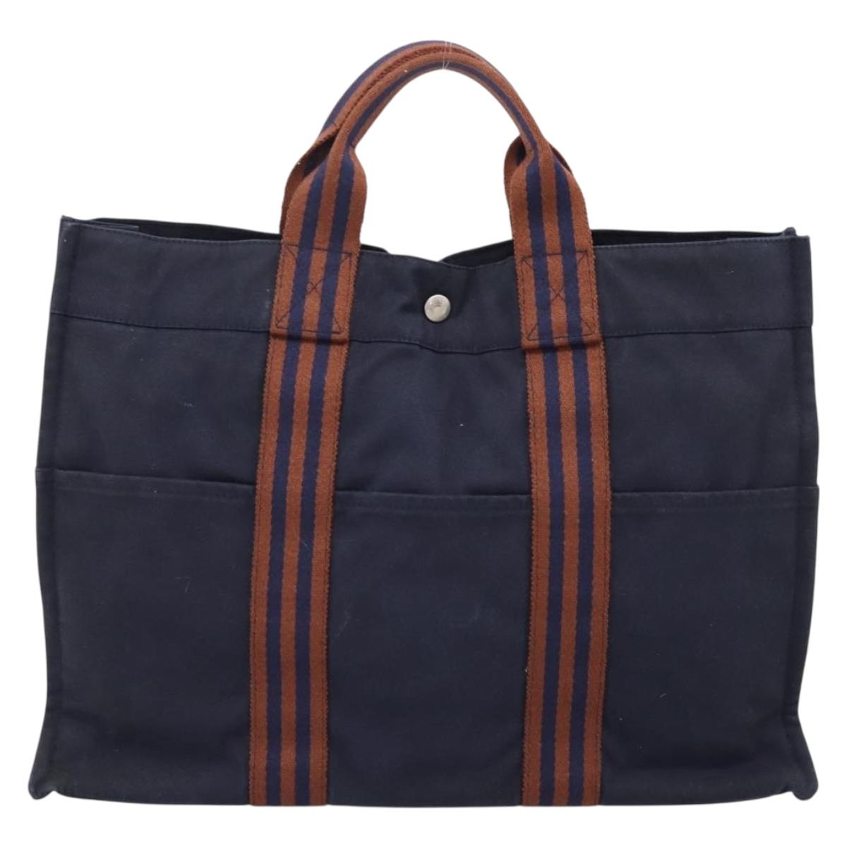 HERMES Fourre Tout MM Hand Bag Cotton Navy Silver Auth BA15062