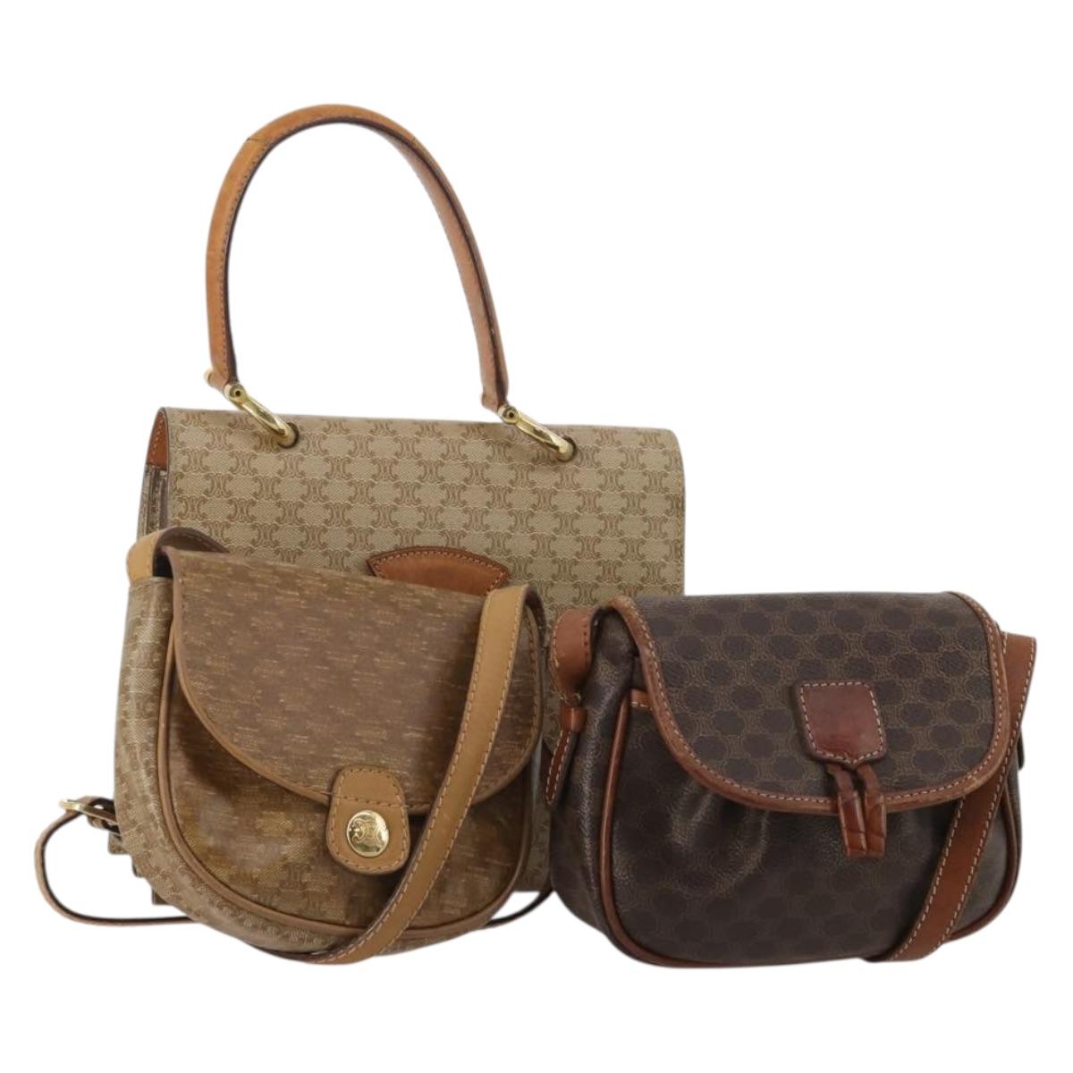 CELINE Macadam Shoulder Bag PVC 3 Set Brown Beige Auth BA15063
