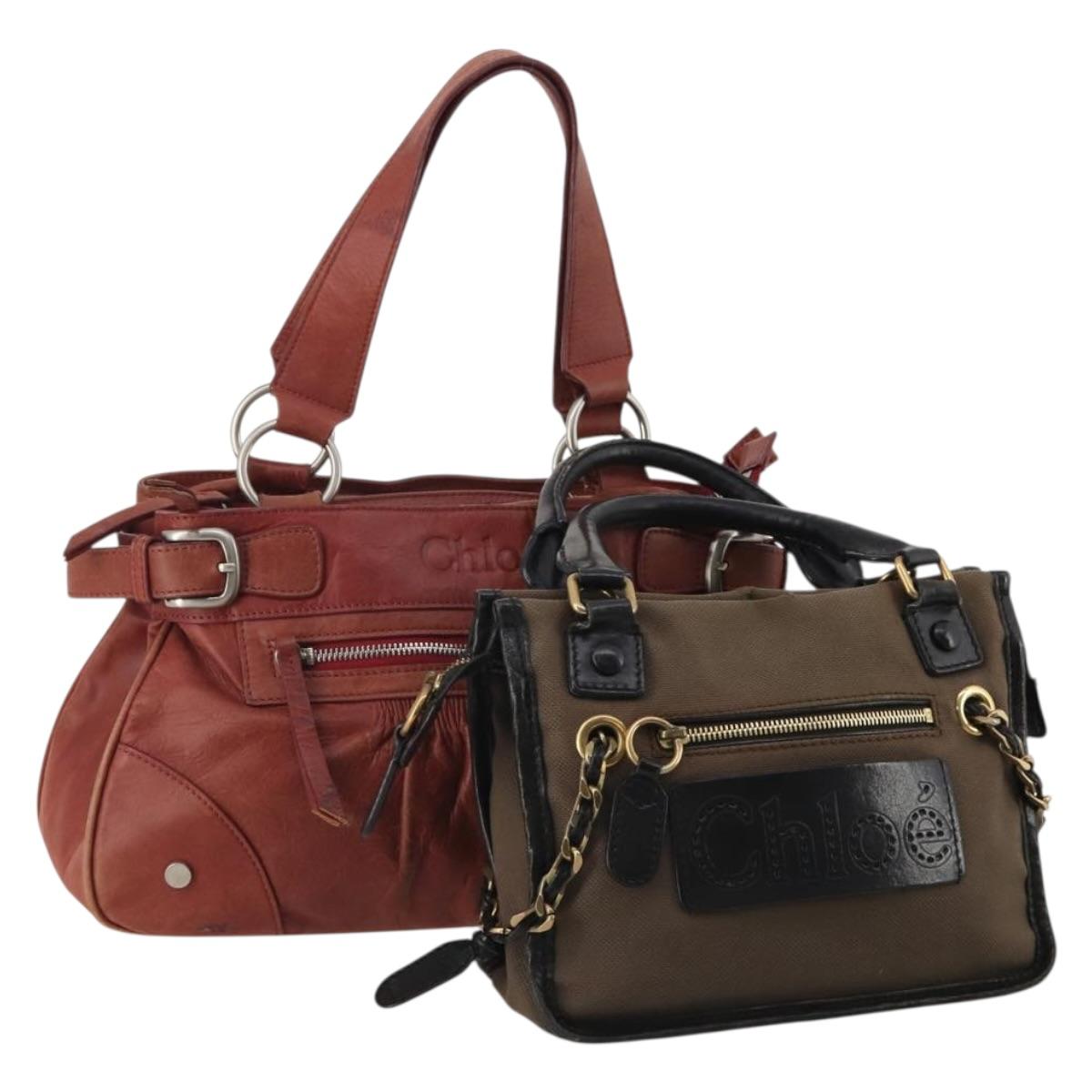 Chloe Hand Bag Canvas Leather 2 Set Khaki Red Auth BA15069