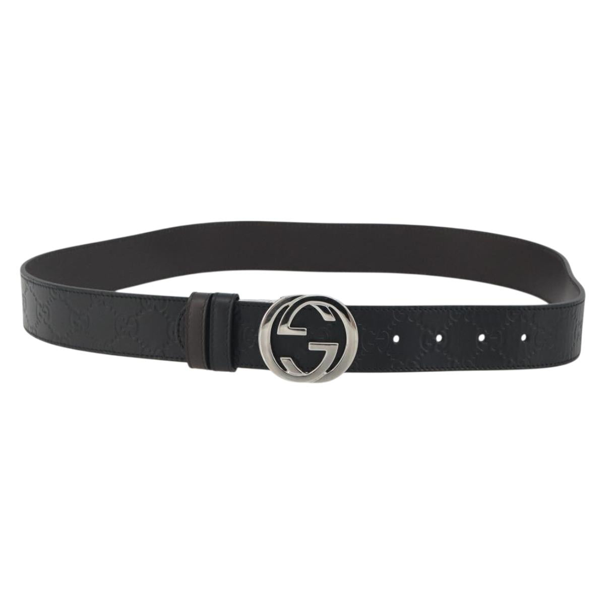 GUCCI GuccissimaGG Interlocking G Belt Leather Black Silver 473030 Auth BA15074V