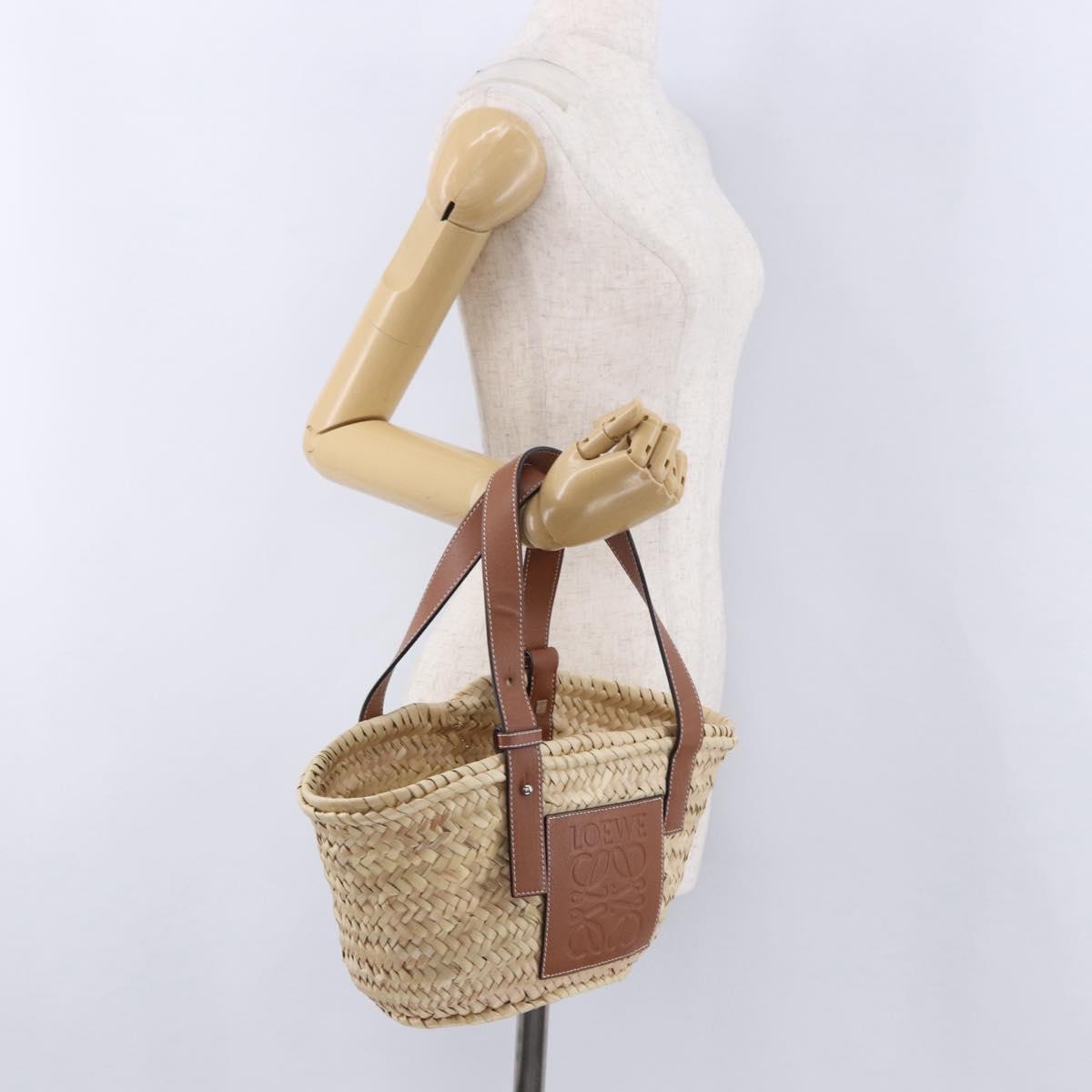 LOEWE Basket Bag Hand Bag Raffia Beige Silver Auth BA15075A